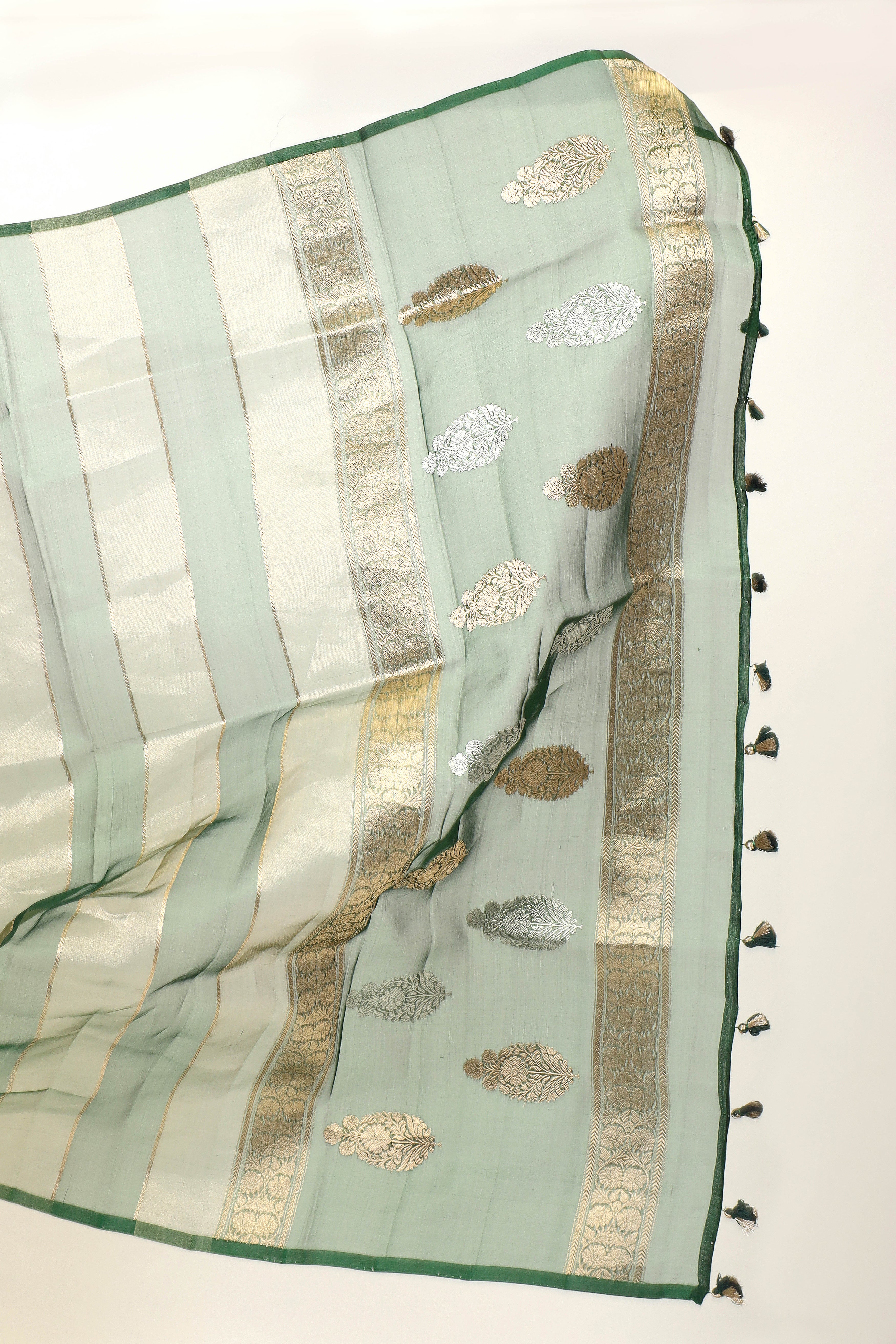Bottle Green Tissue Silk Saree With Gold Stripes