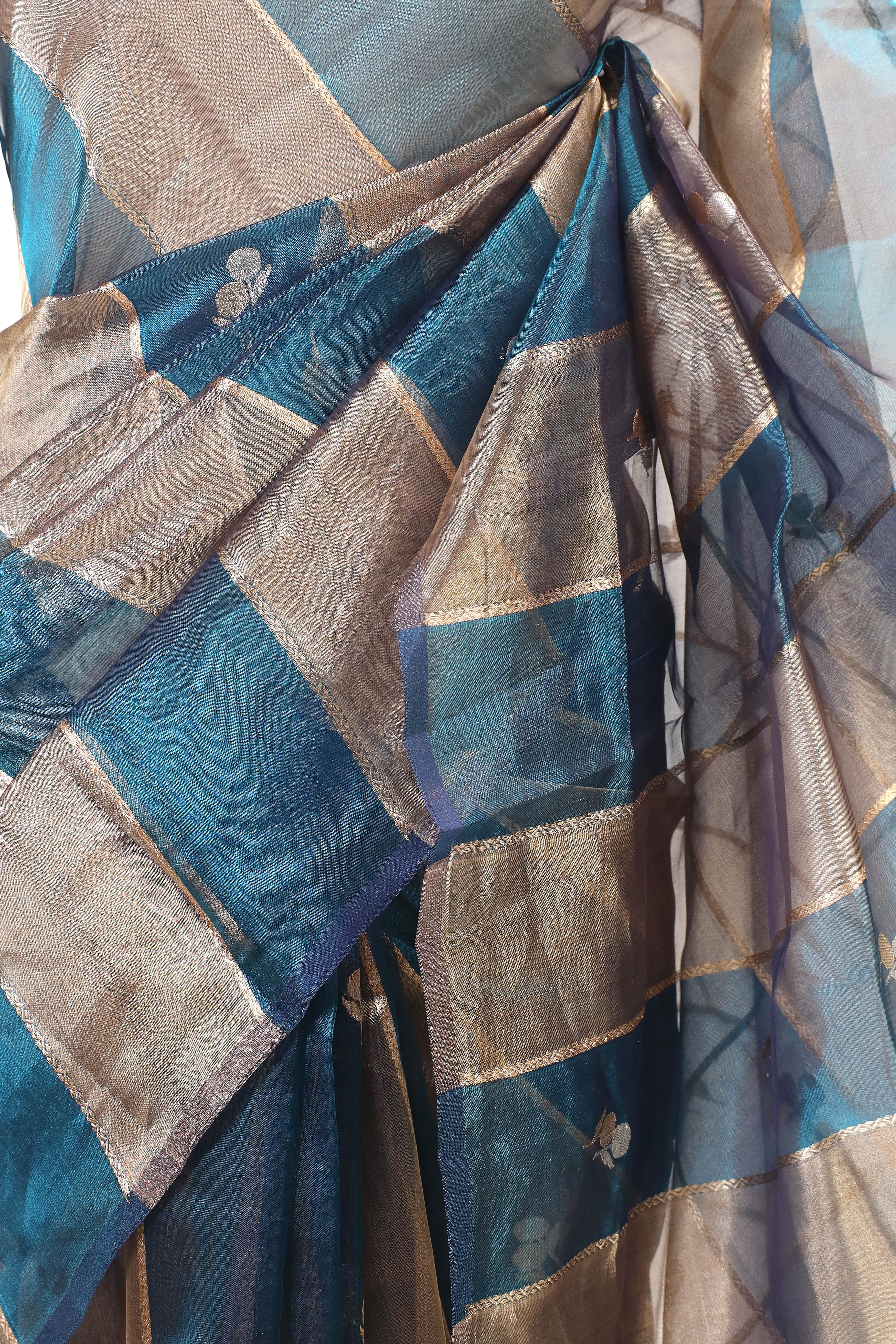 Carolina Blue  Tissue Silk Saree With Gold Stripes