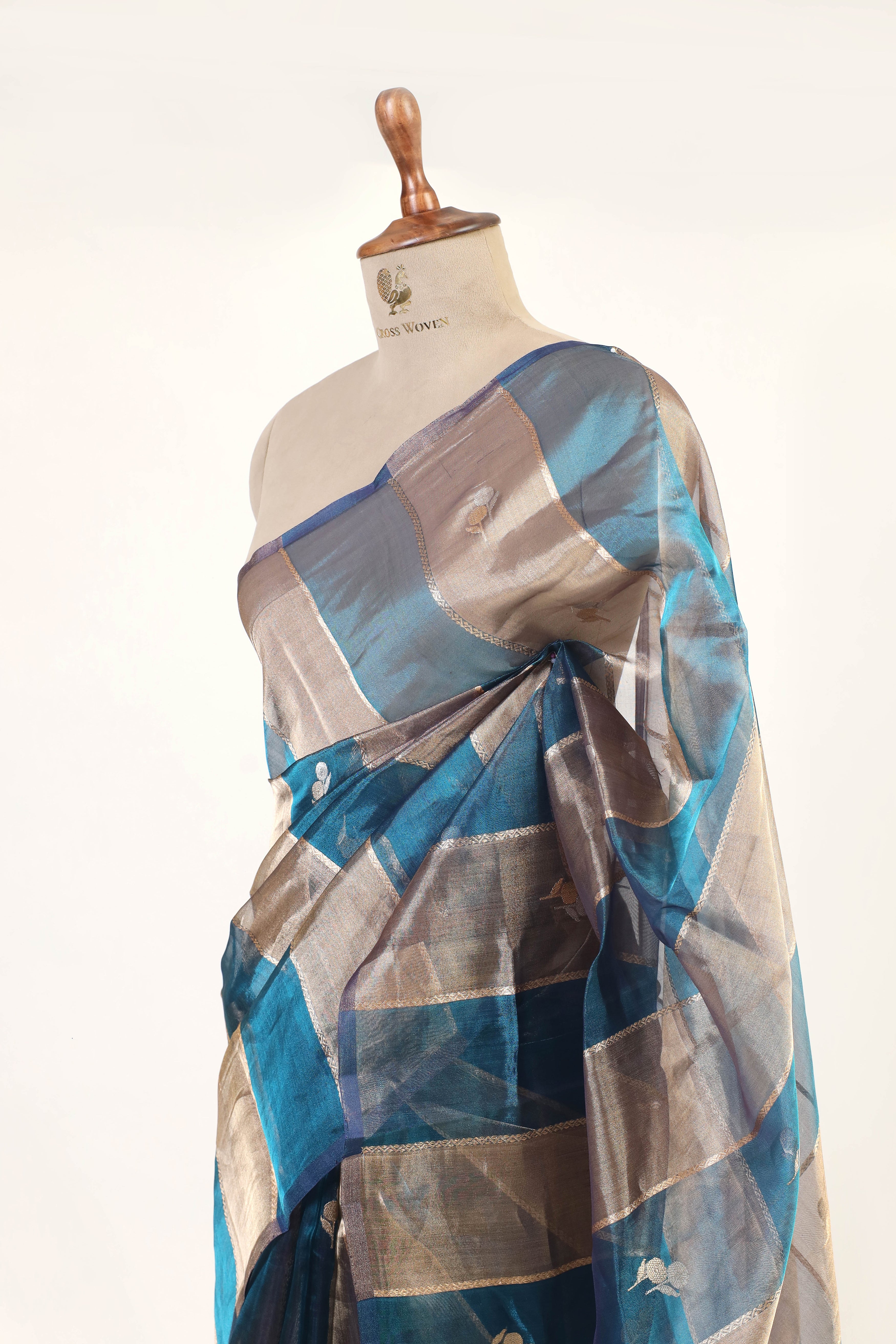 Carolina Blue  Tissue Silk Saree With Gold Stripes