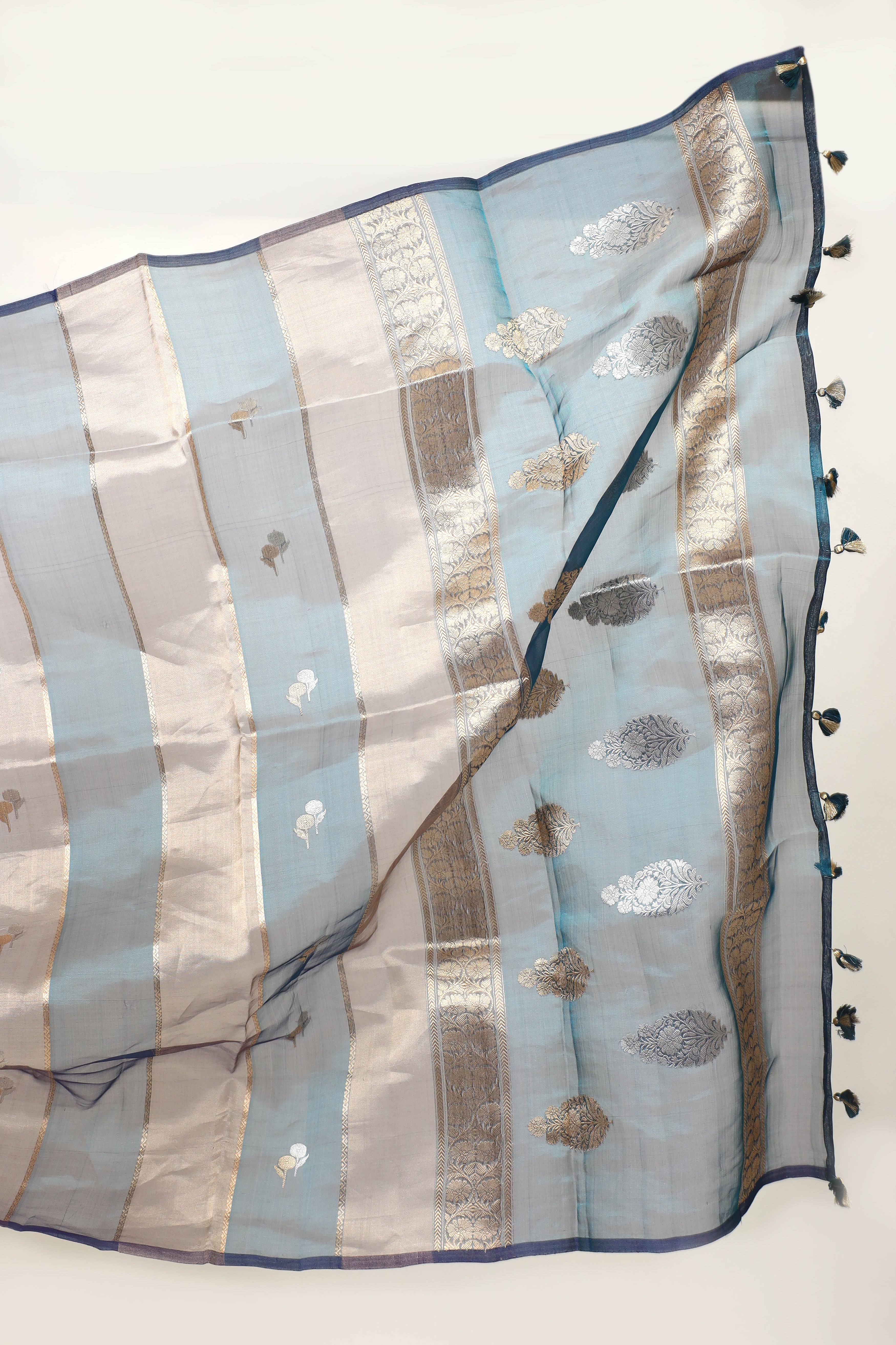 Carolina Blue  Tissue Silk Saree With Gold Stripes