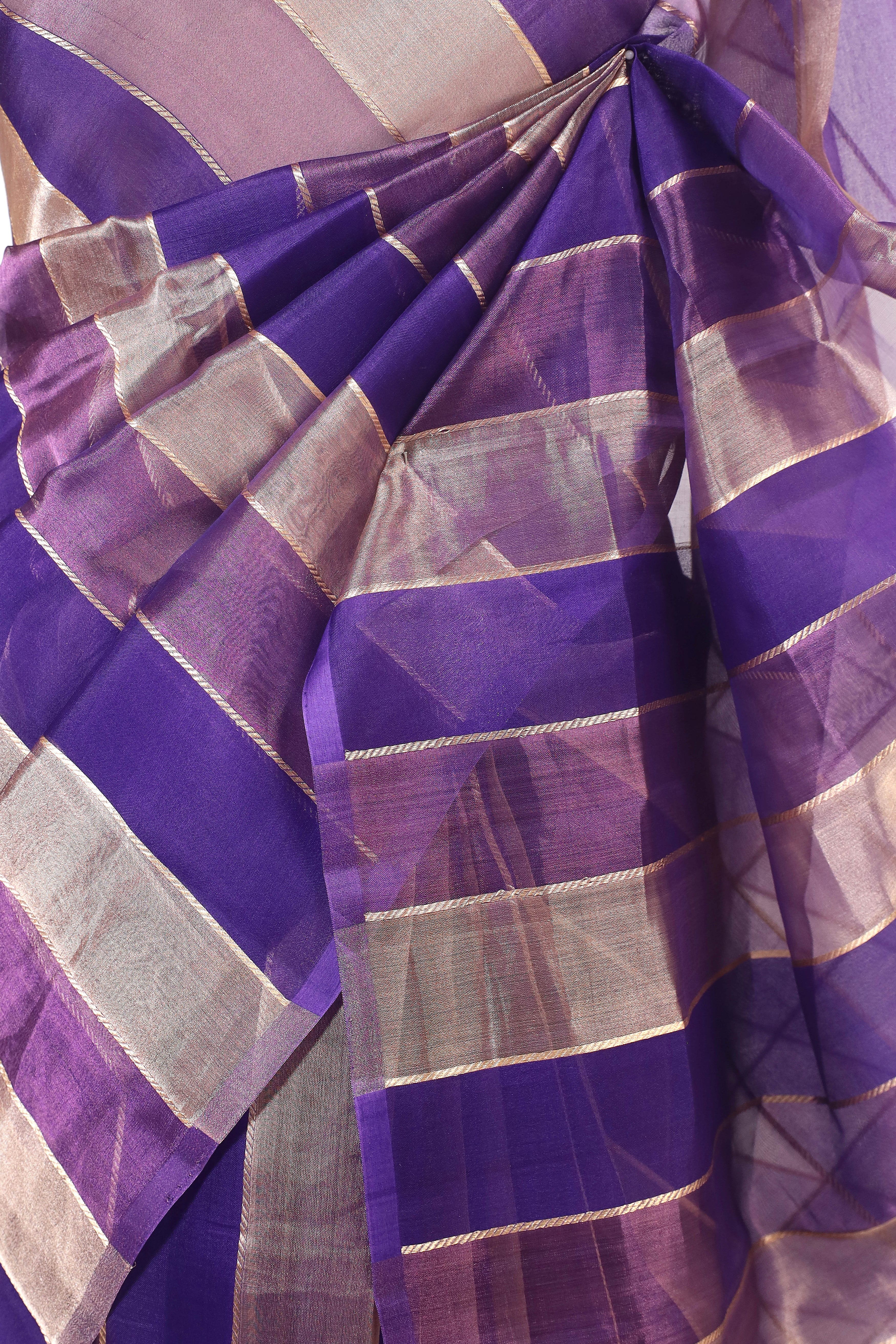 Indigo Blue Tissue Silk Saree With Gold Stripes