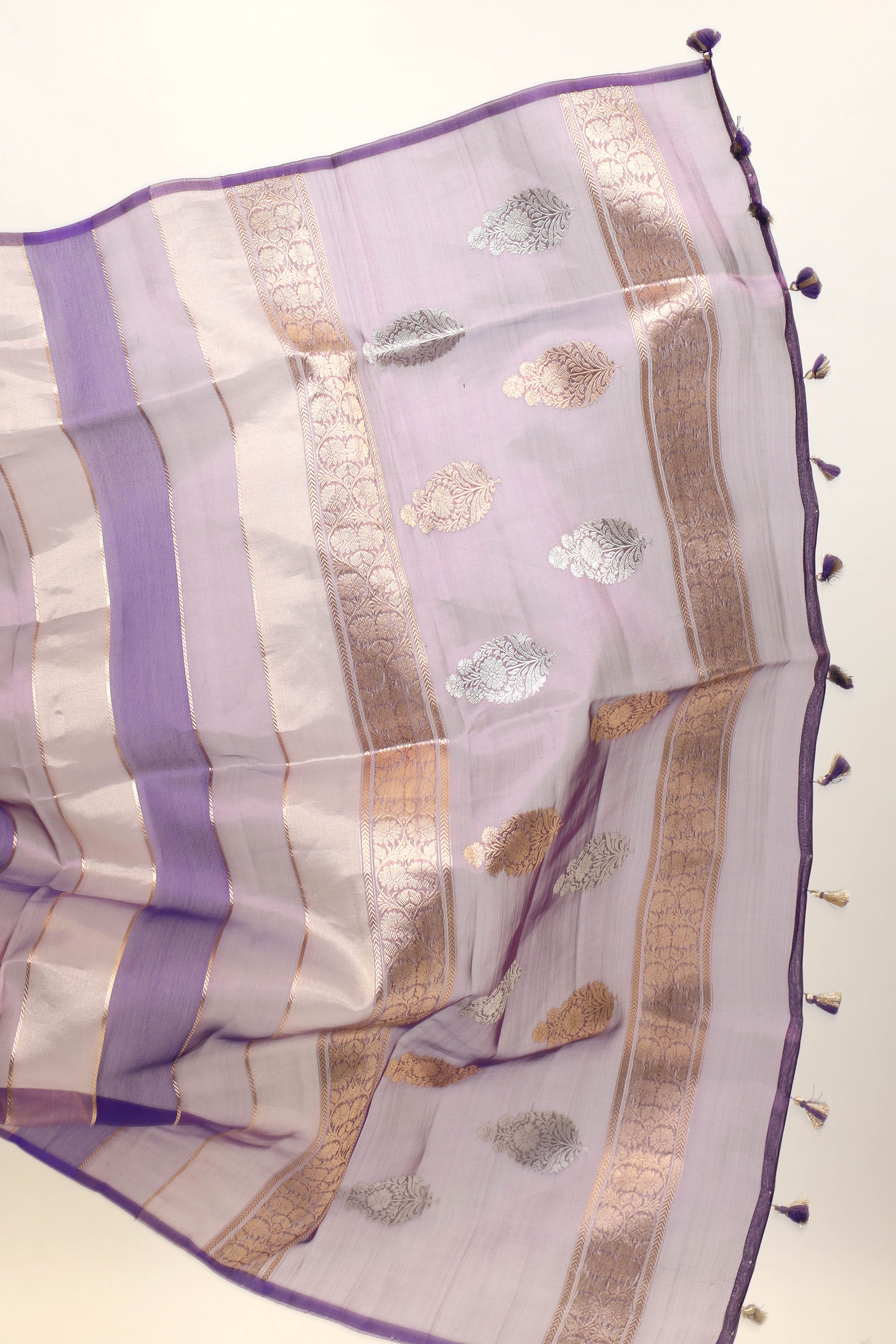 Indigo Blue Tissue Silk Saree With Gold Stripes