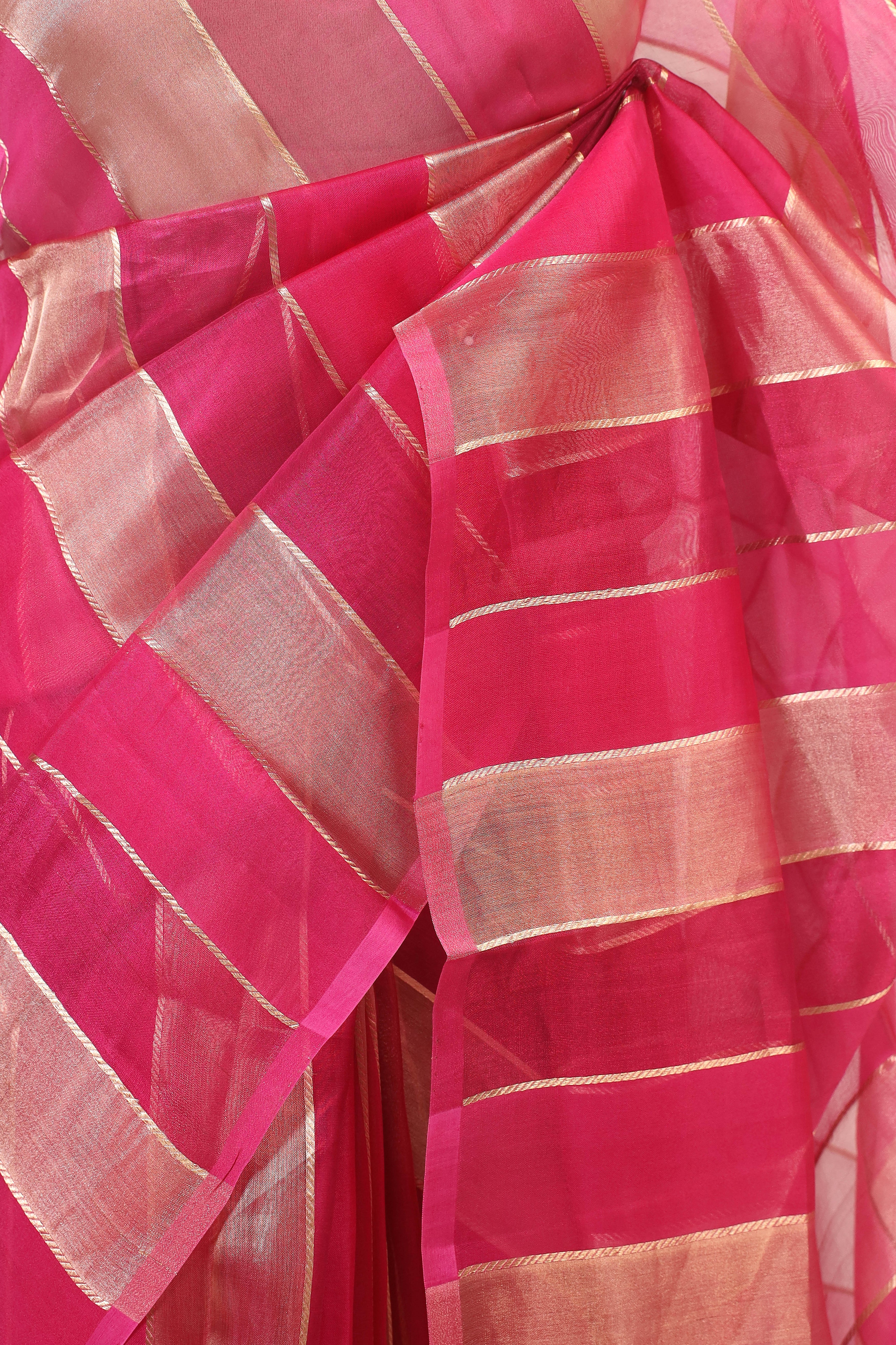 Pink Tissue Silk Saree With Gold Stripes