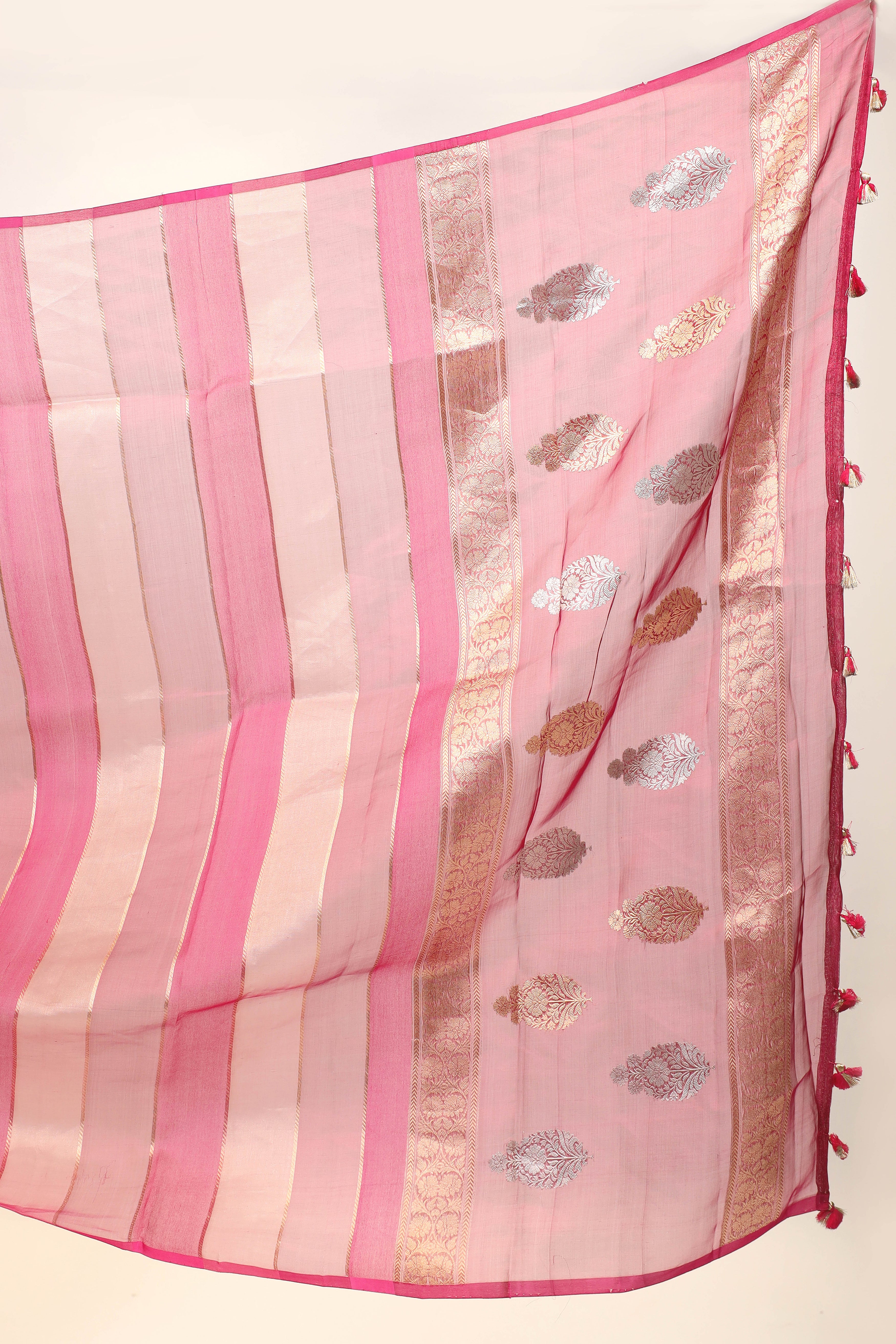 Pink Tissue Silk Saree With Gold Stripes