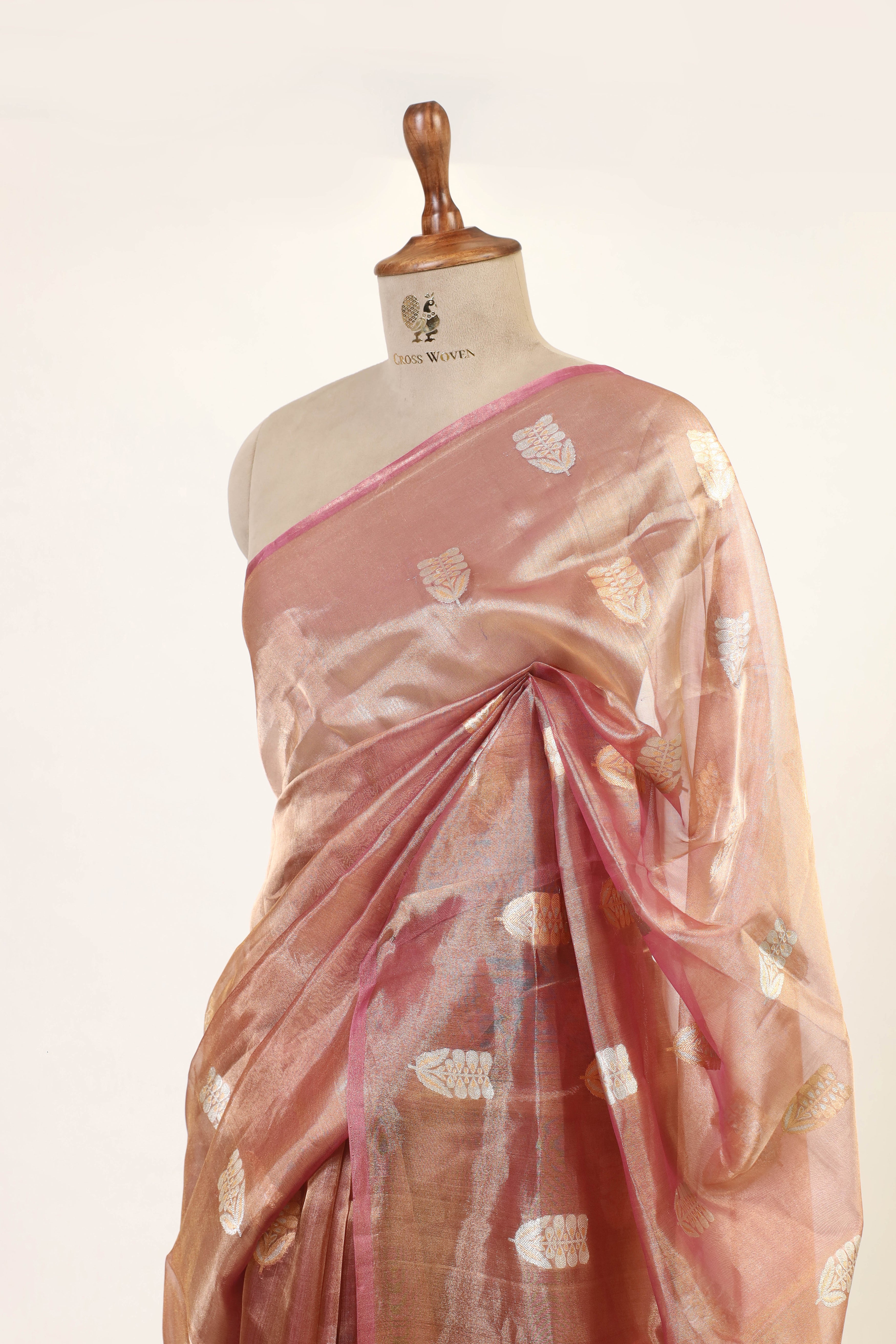 Rust Tissue Silk Saree with Gold-Silver Zari Floral Motifs