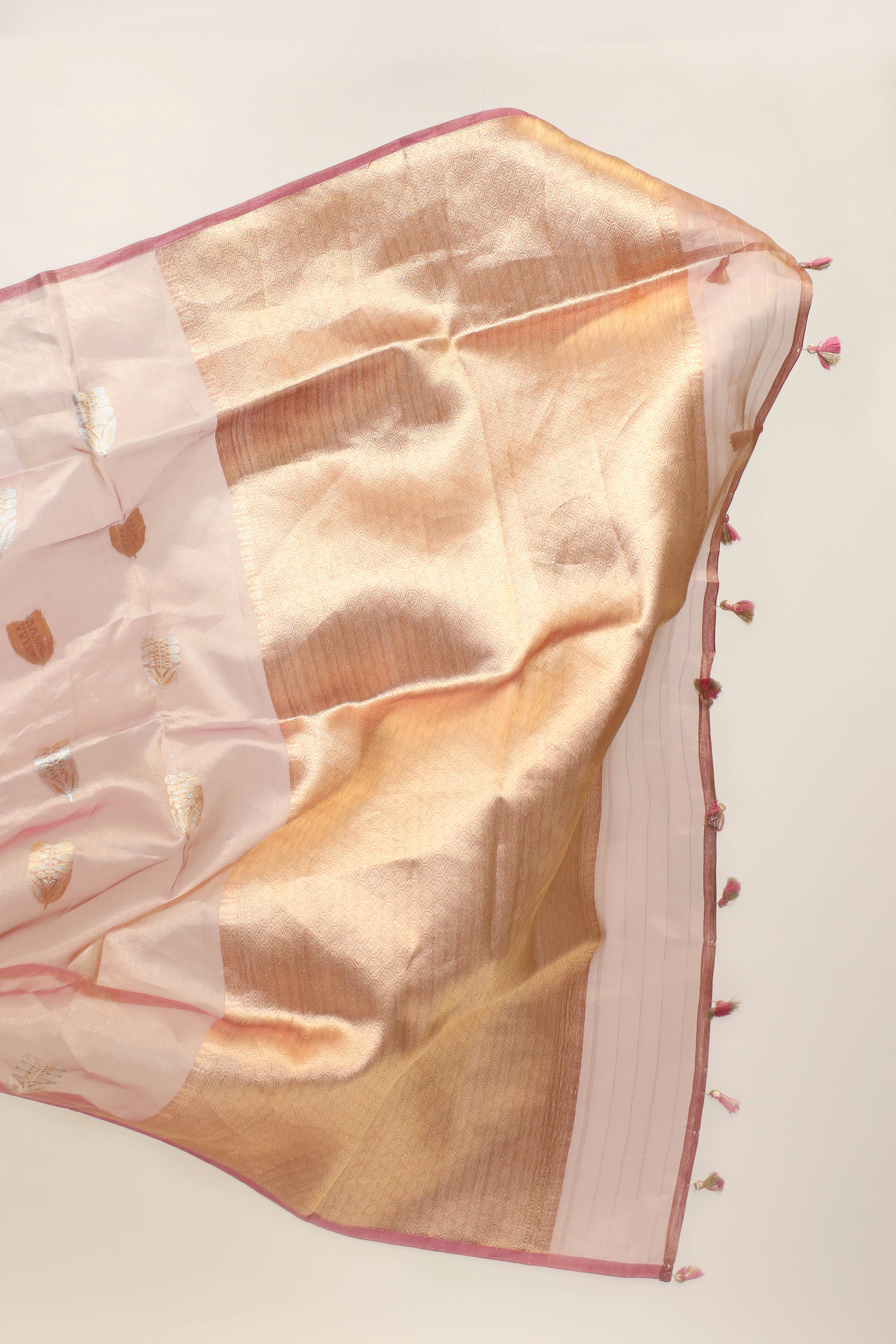 Rust Tissue Silk Saree with Gold-Silver Zari Floral Motifs