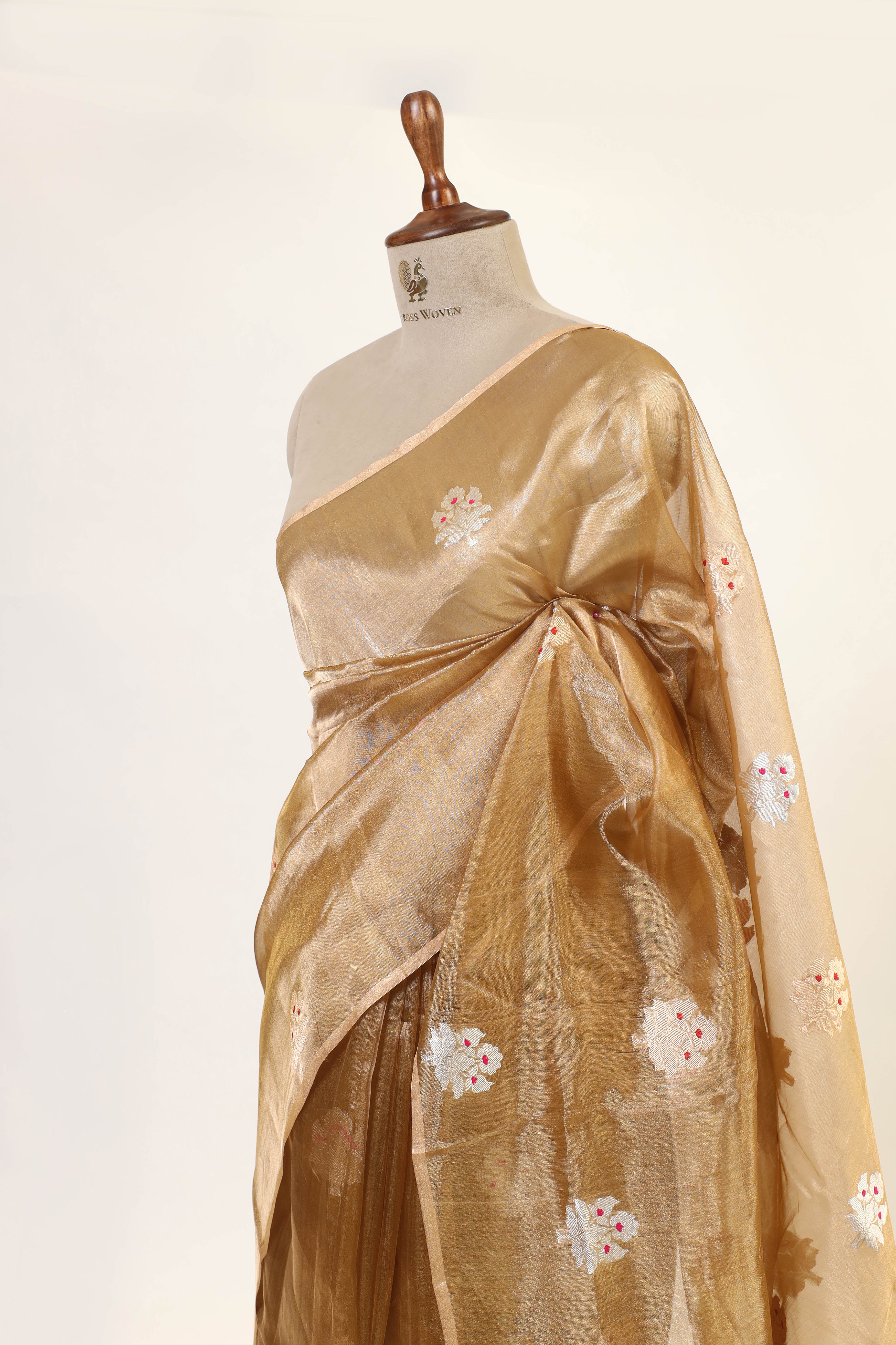 Golden Tissue Silk Saree with Meena Zari Floral Motifs