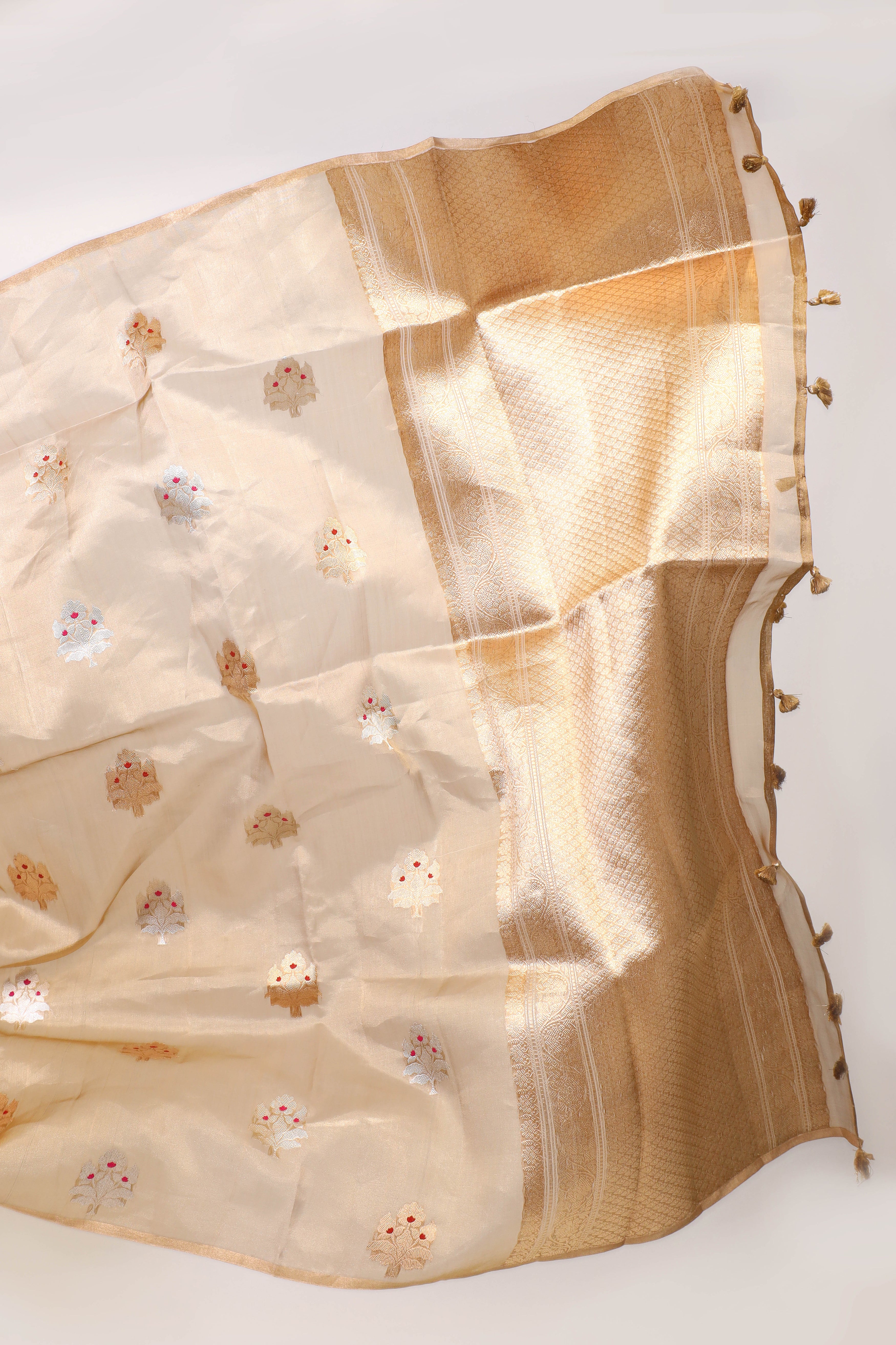 Golden Tissue Silk Saree with Meena Zari Floral Motifs