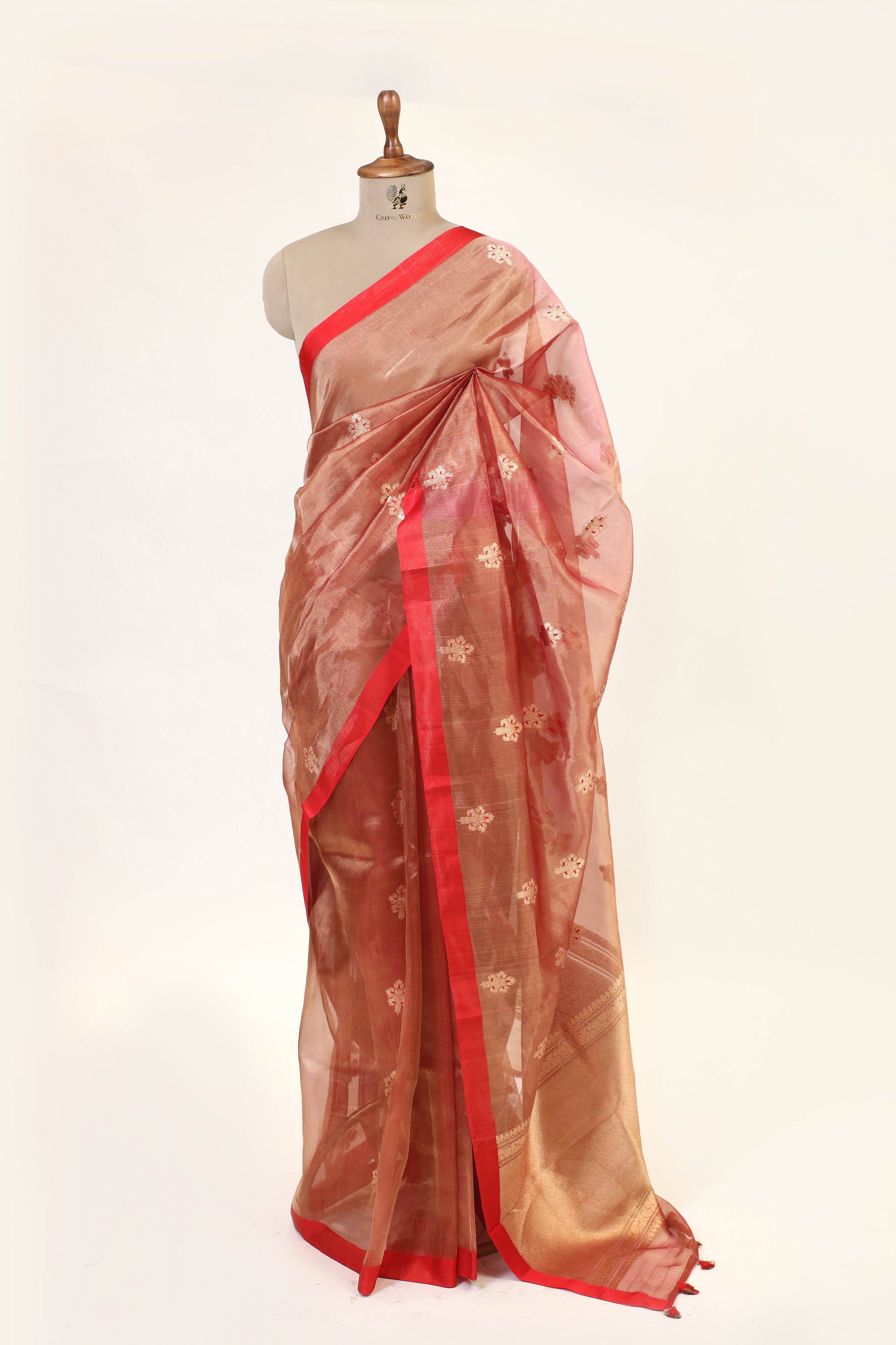 Red Tissue Silk Saree with Meena Zari Floral Motifs