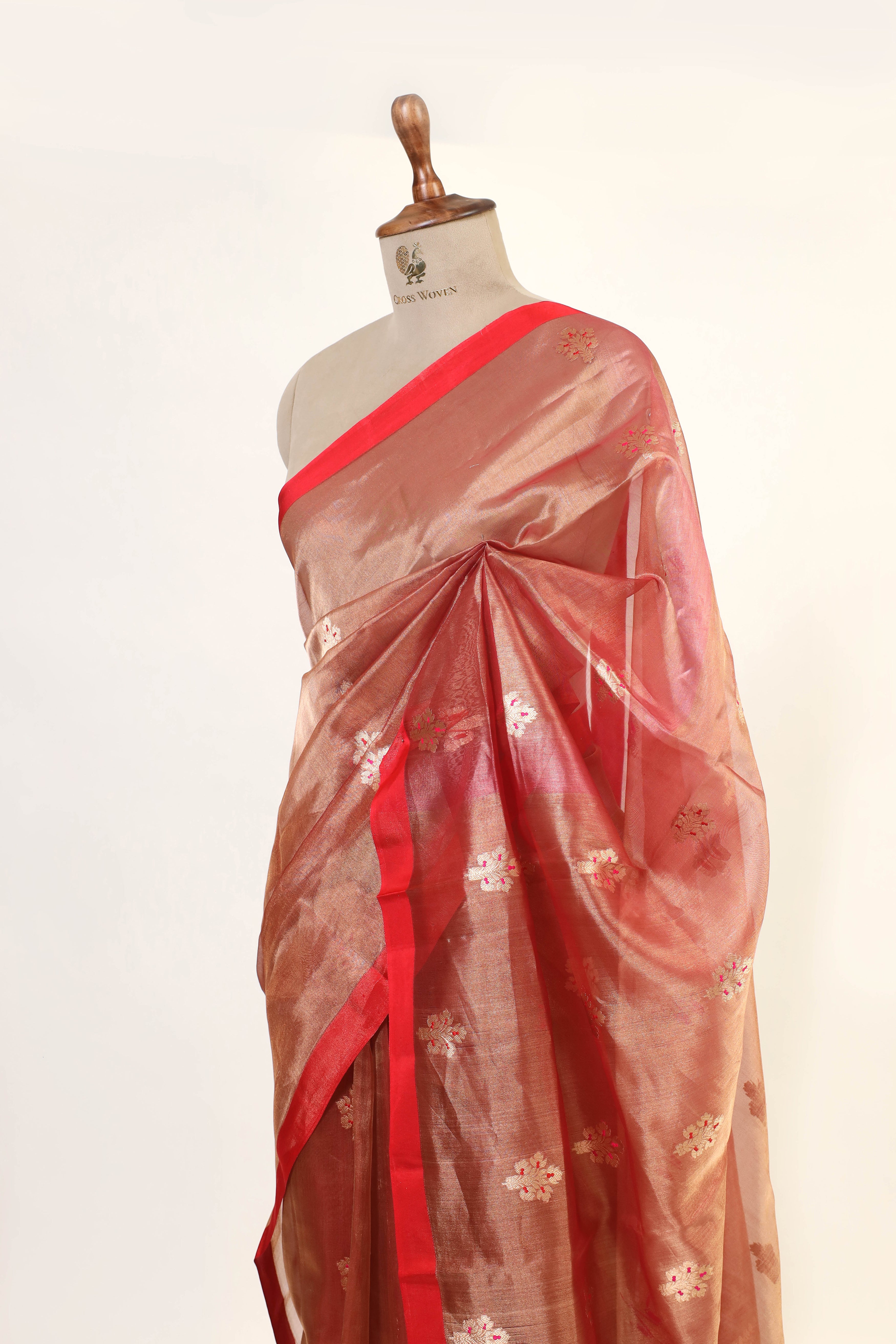 Red Tissue Silk Saree with Meena Zari Floral Motifs