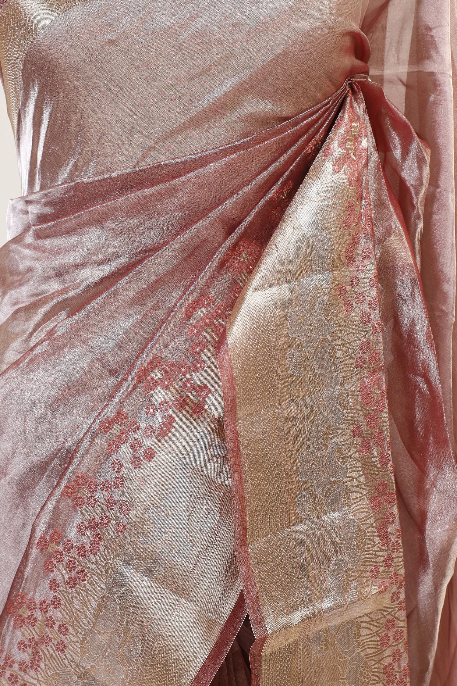 Mauve Pink Tissue Silk Saree With Elagant Floral Design Border