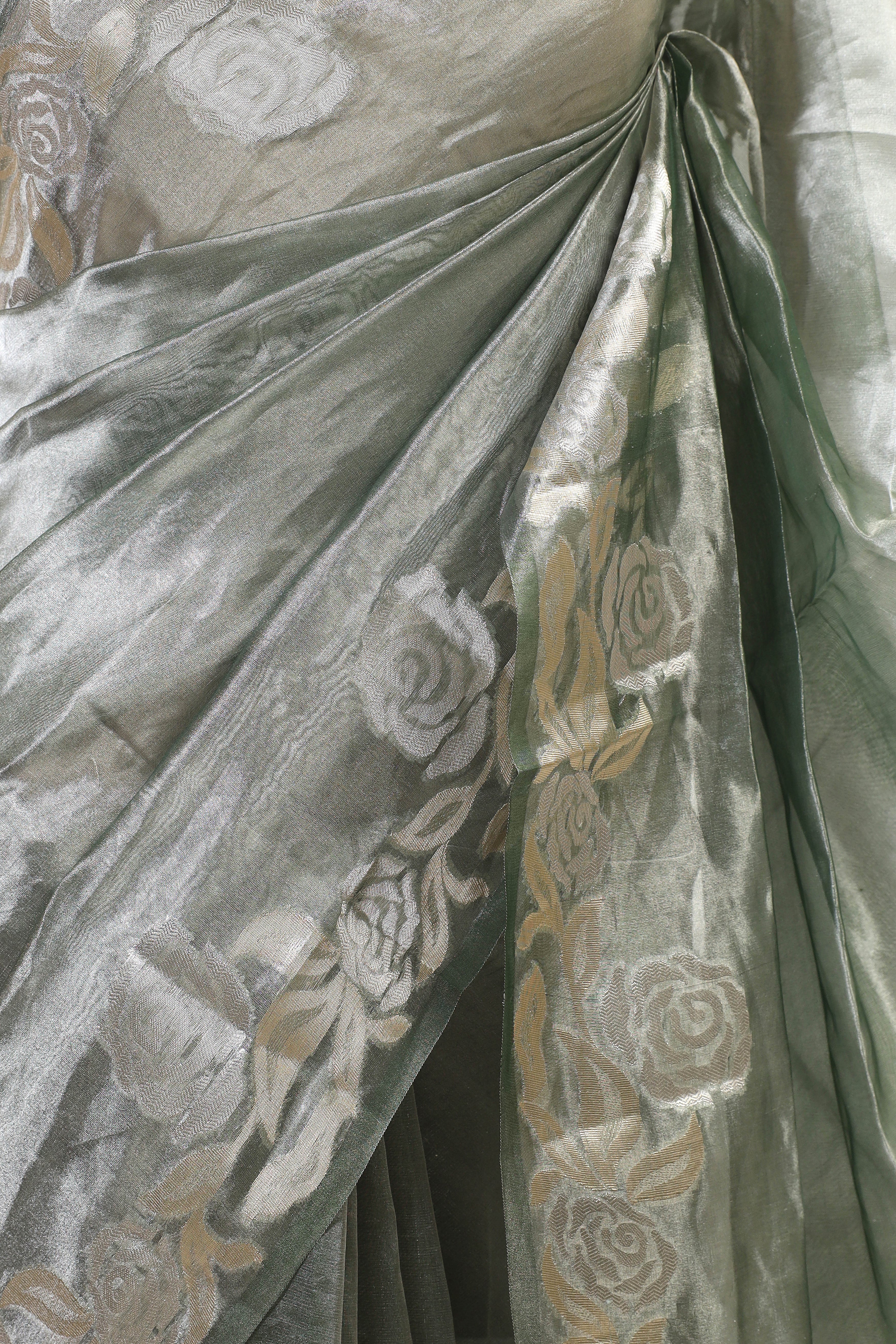 Sage Green Tissue Silk Saree With Elagant Floral Design Border