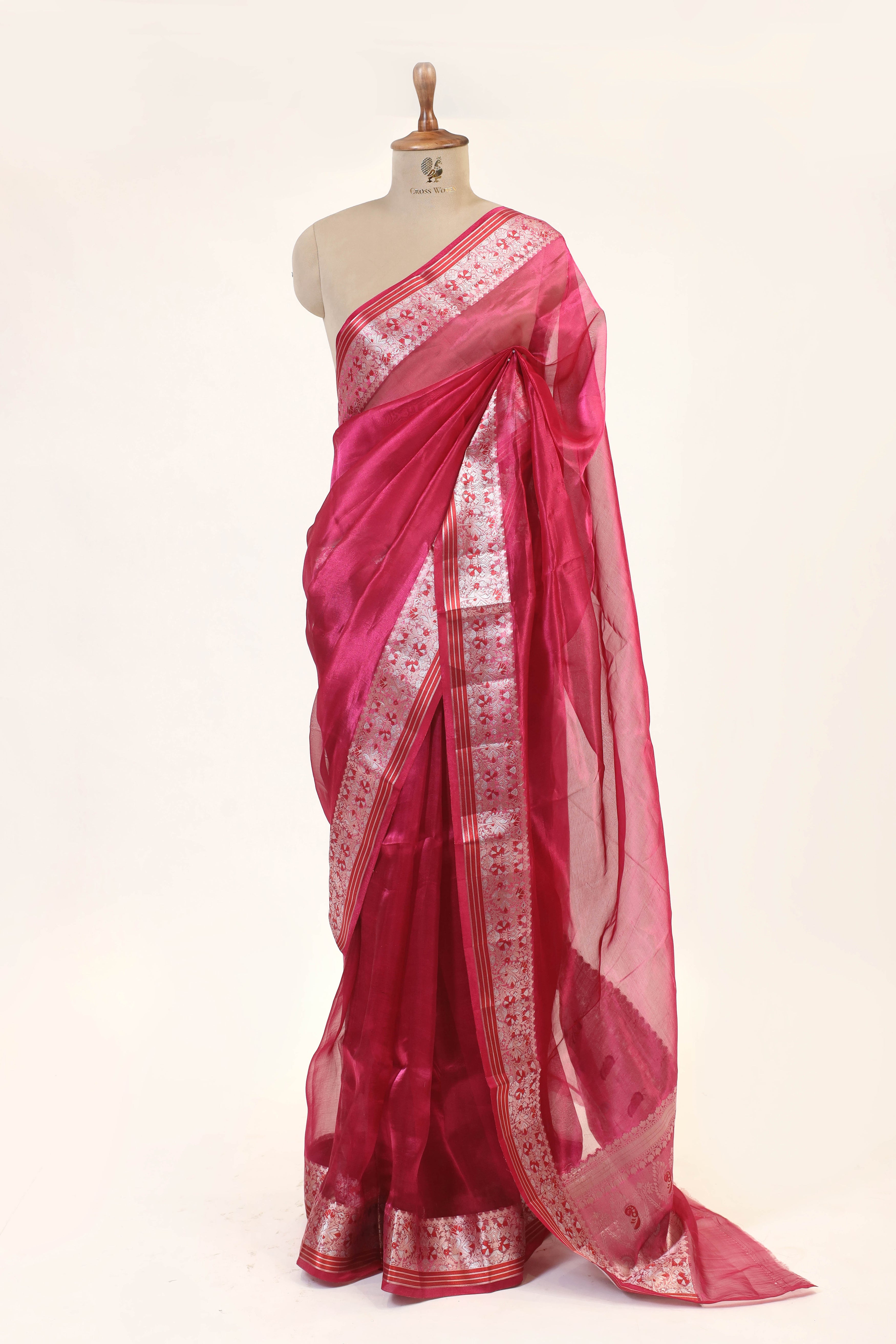 Pink Tissue Silk Saree With Meenakari Silver Zari Border