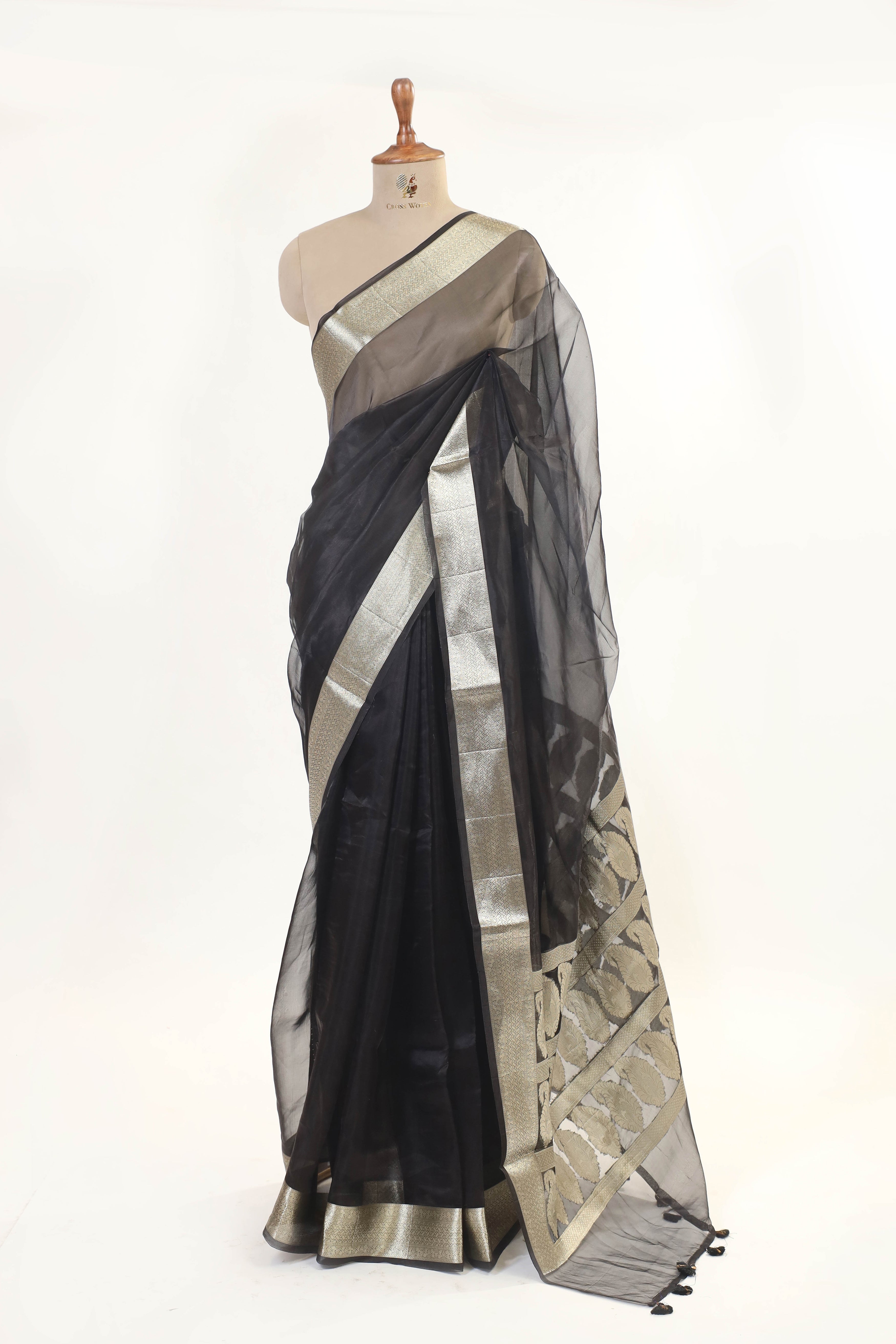 Black Tissue Silk Saree With Silver Zari Brocade Border