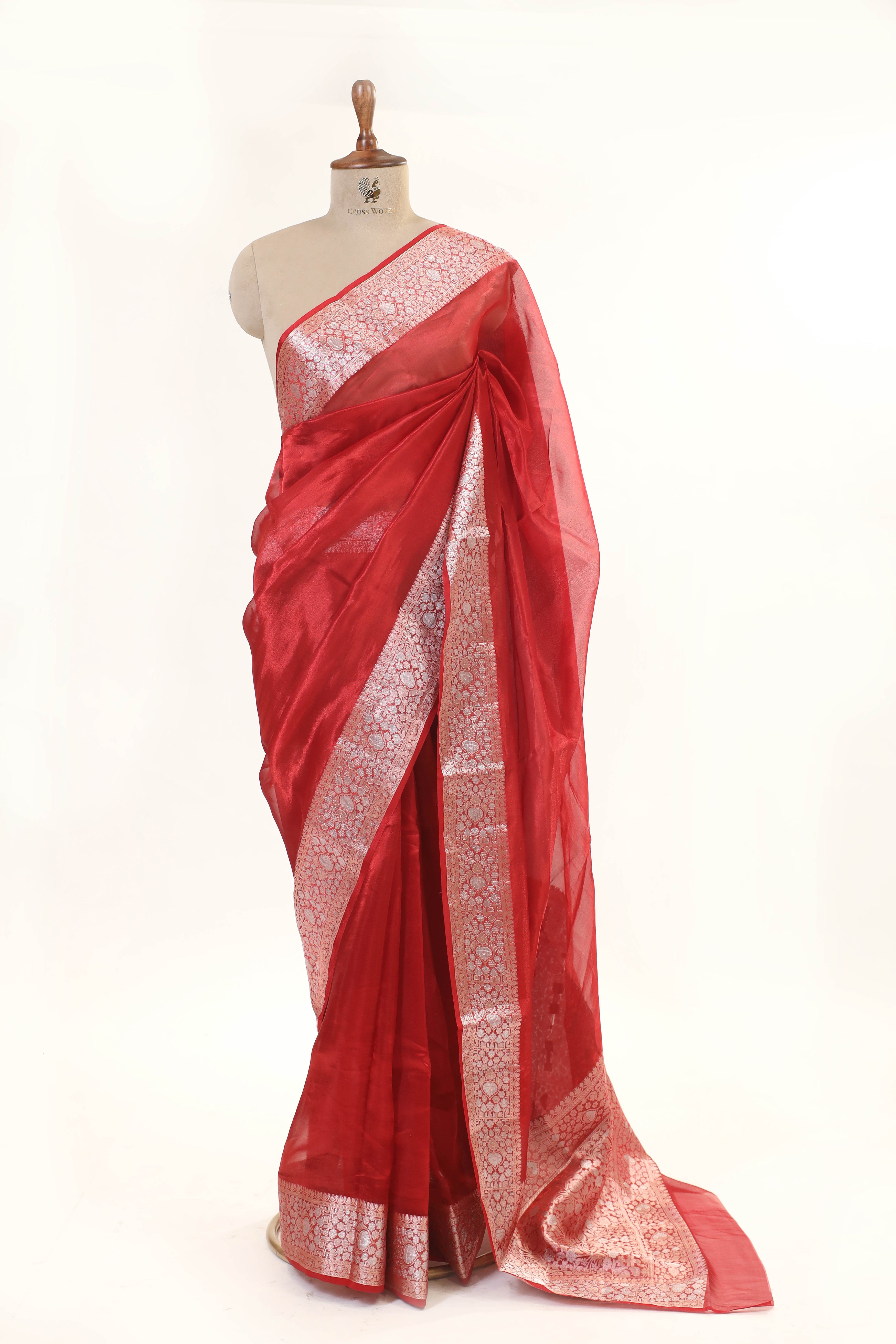 Red Tissue Silk Saree With Silver Zari Border