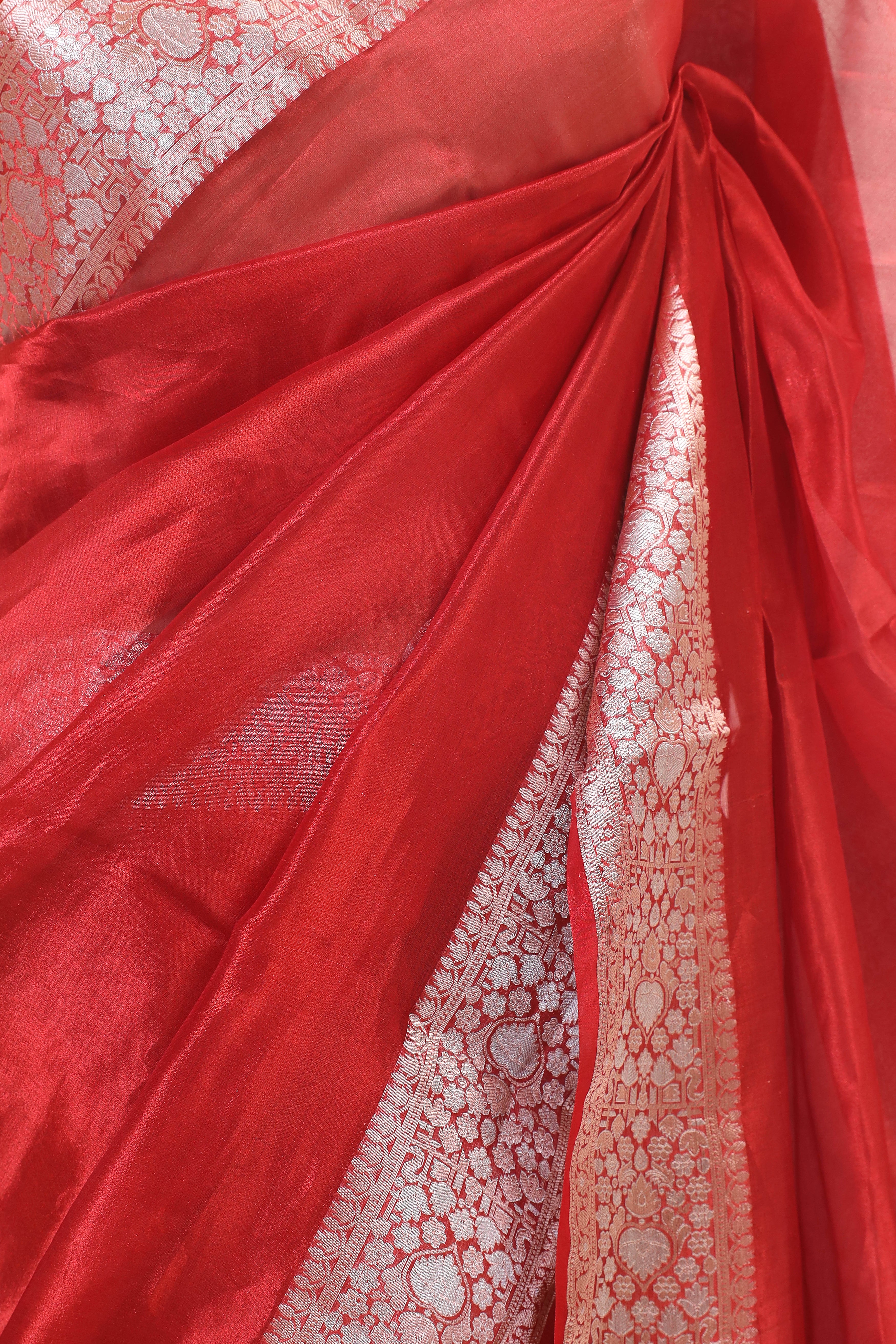 Red Tissue Silk Saree With Silver Zari Border
