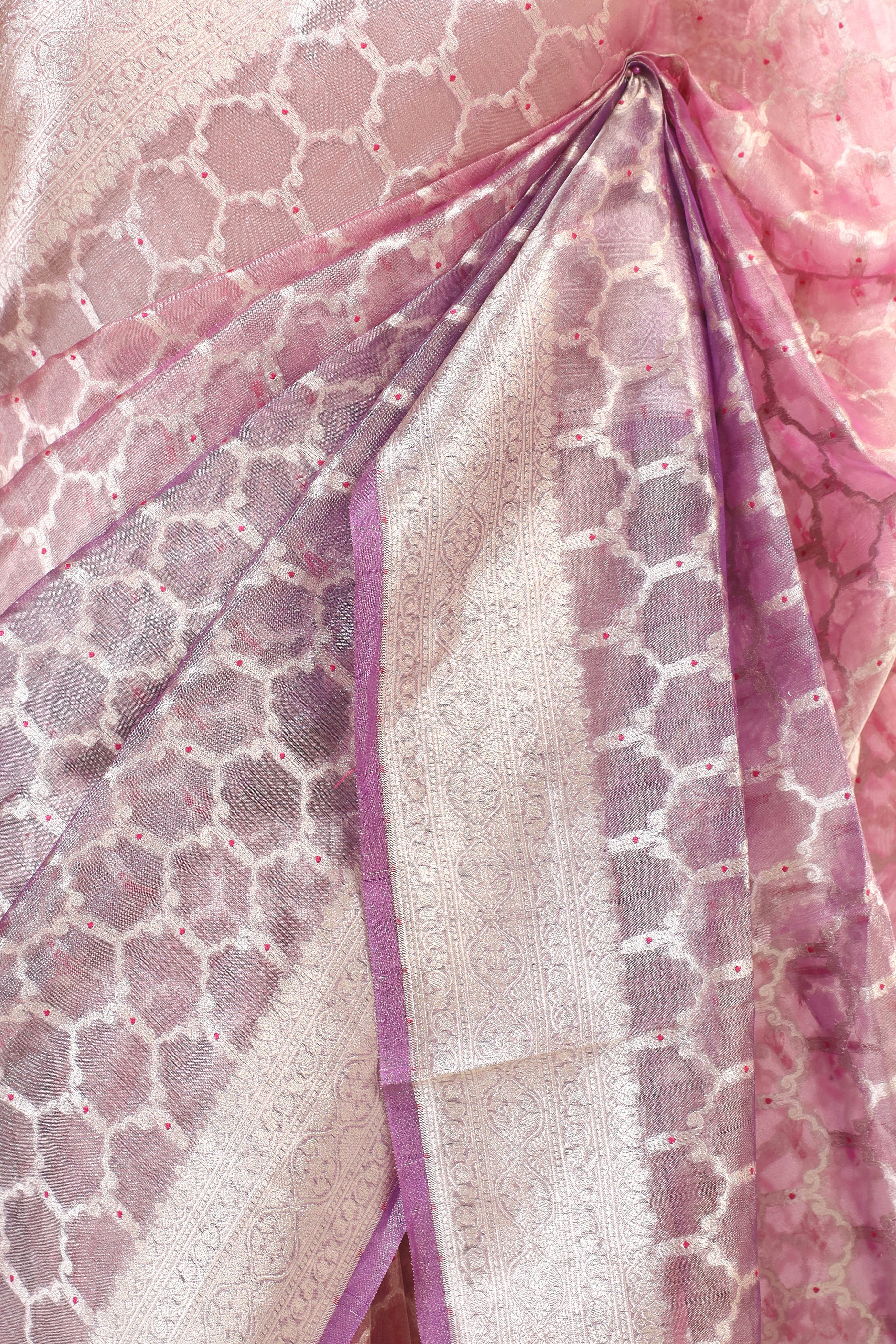 Baby Pink Tissue Silk Saree With Geometrical Meenakari Woven