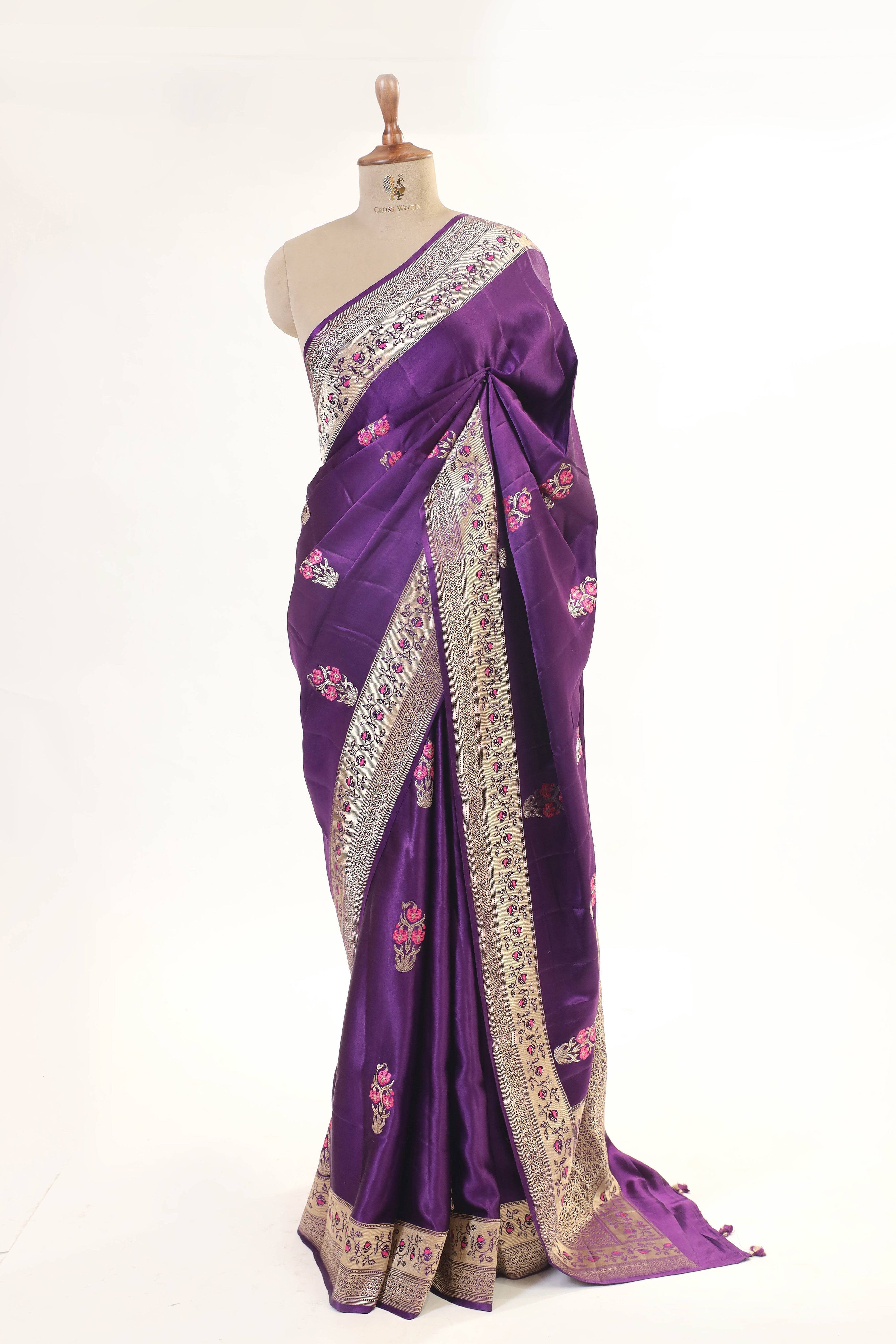 Purple Mashru Silk Saree With Meenakari Floral Motifs