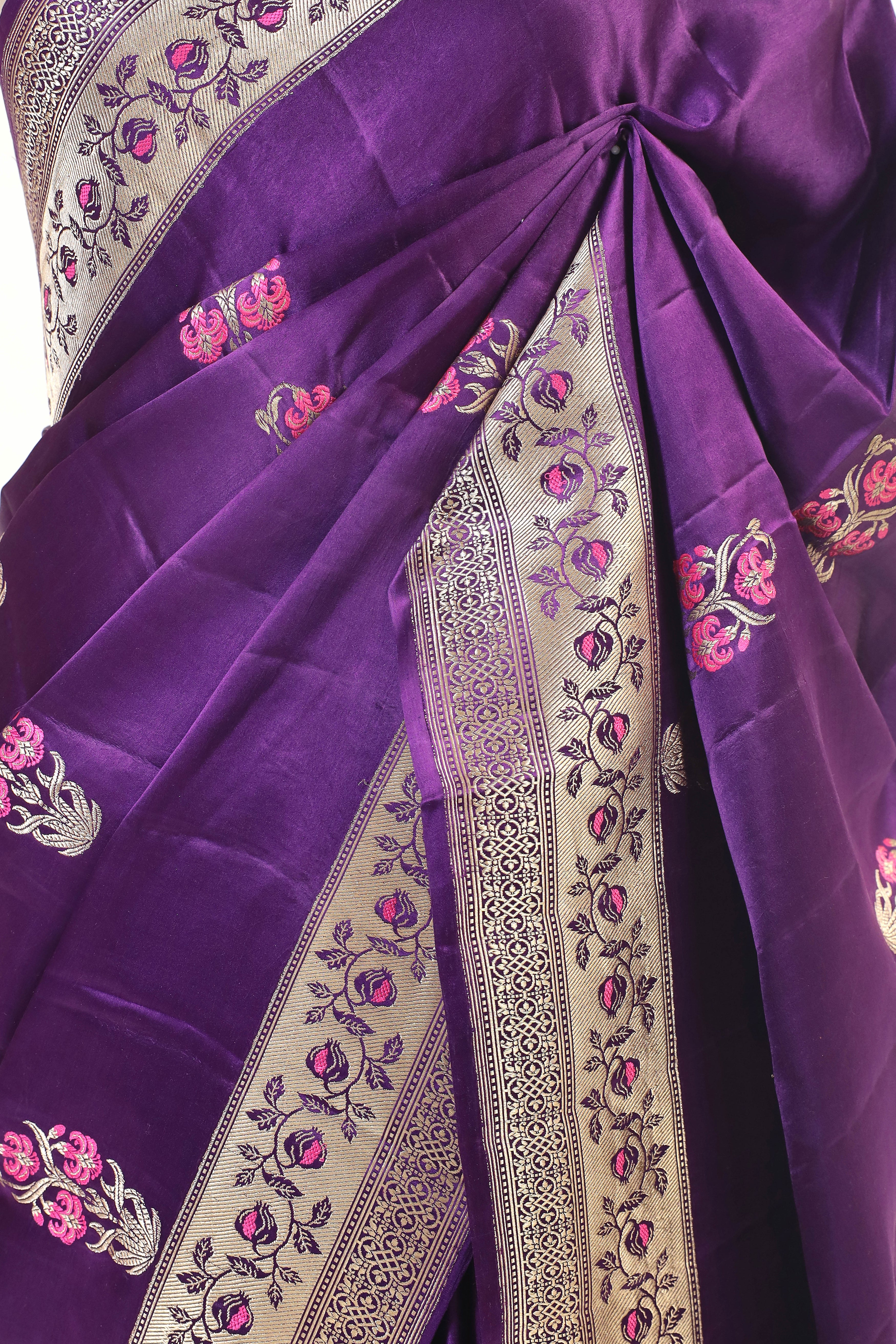 Purple Mashru Silk Saree With Meenakari Floral Motifs