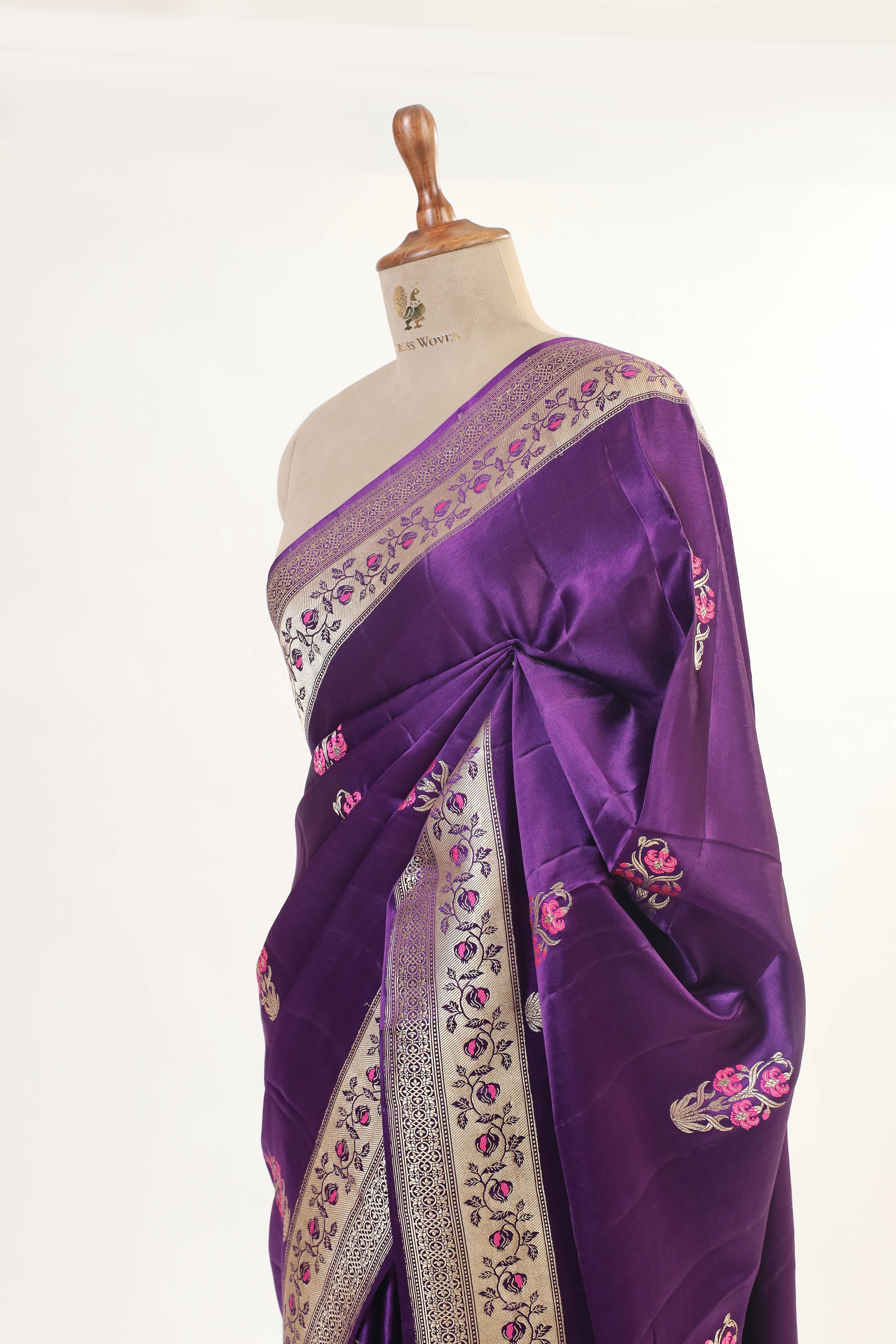 Purple Mashru Silk Saree With Meenakari Floral Motifs