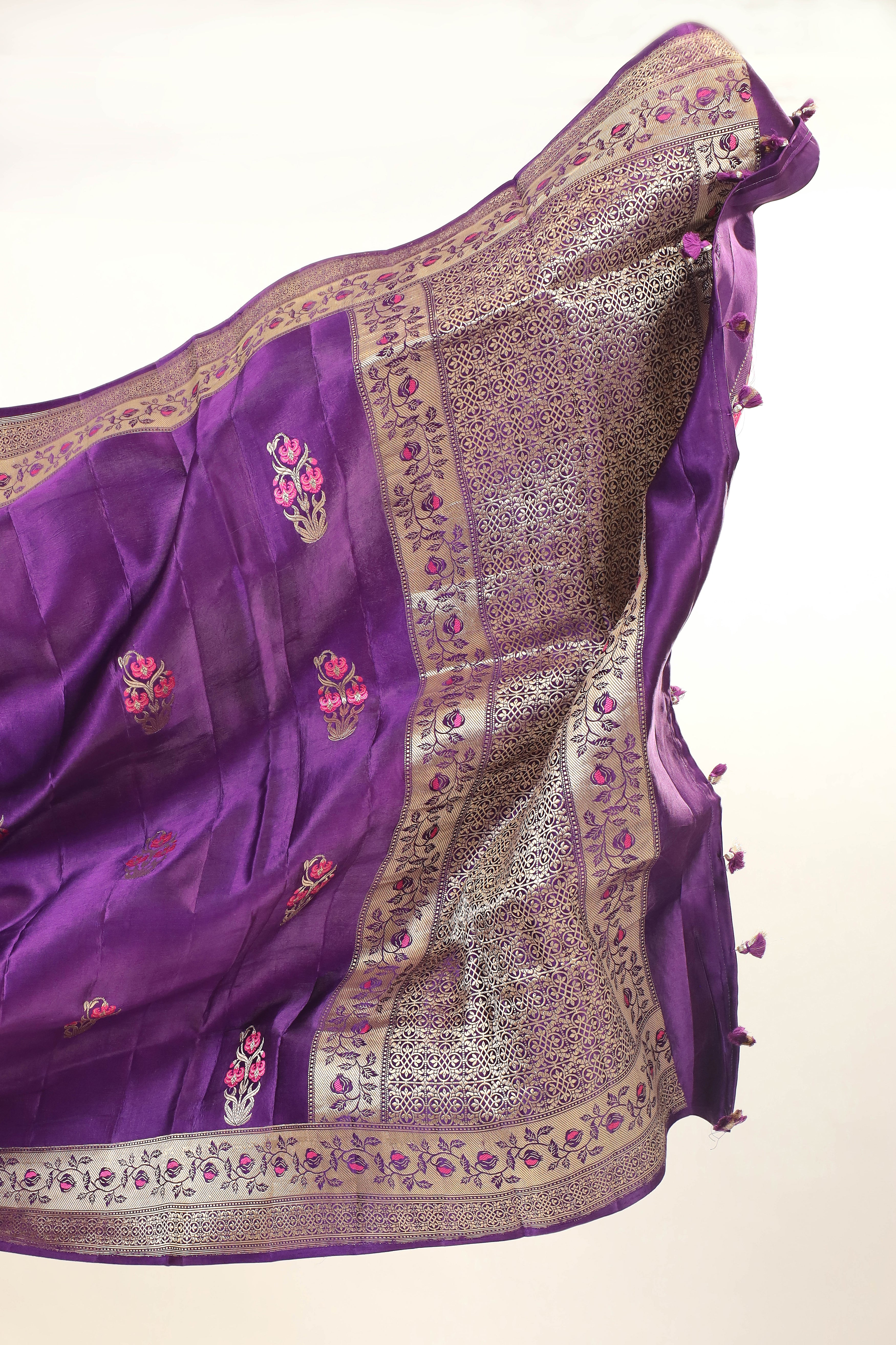 Purple Mashru Silk Saree With Meenakari Floral Motifs