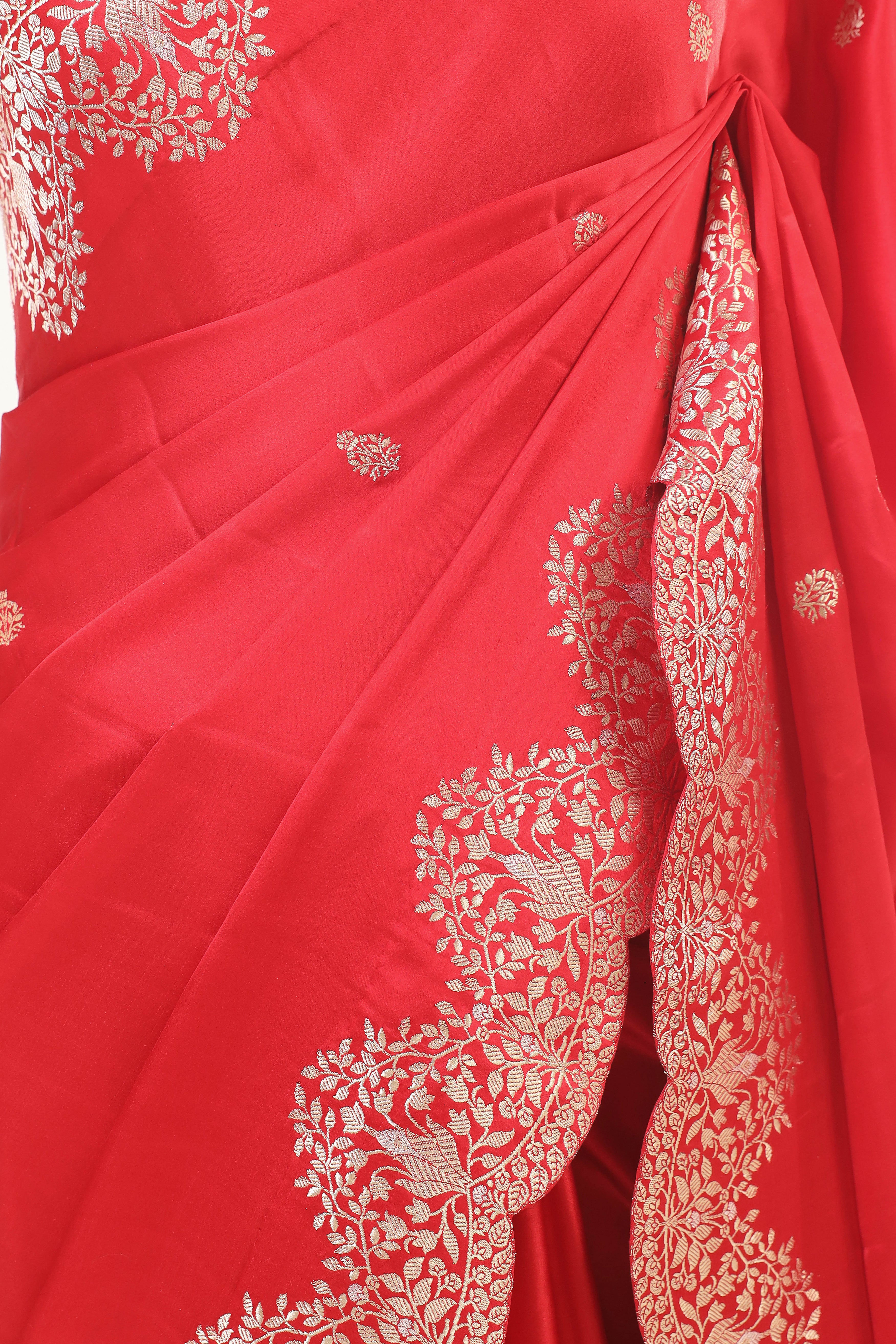 Red Banarasi Mashru Silk Saree With Floral Scalloped Border