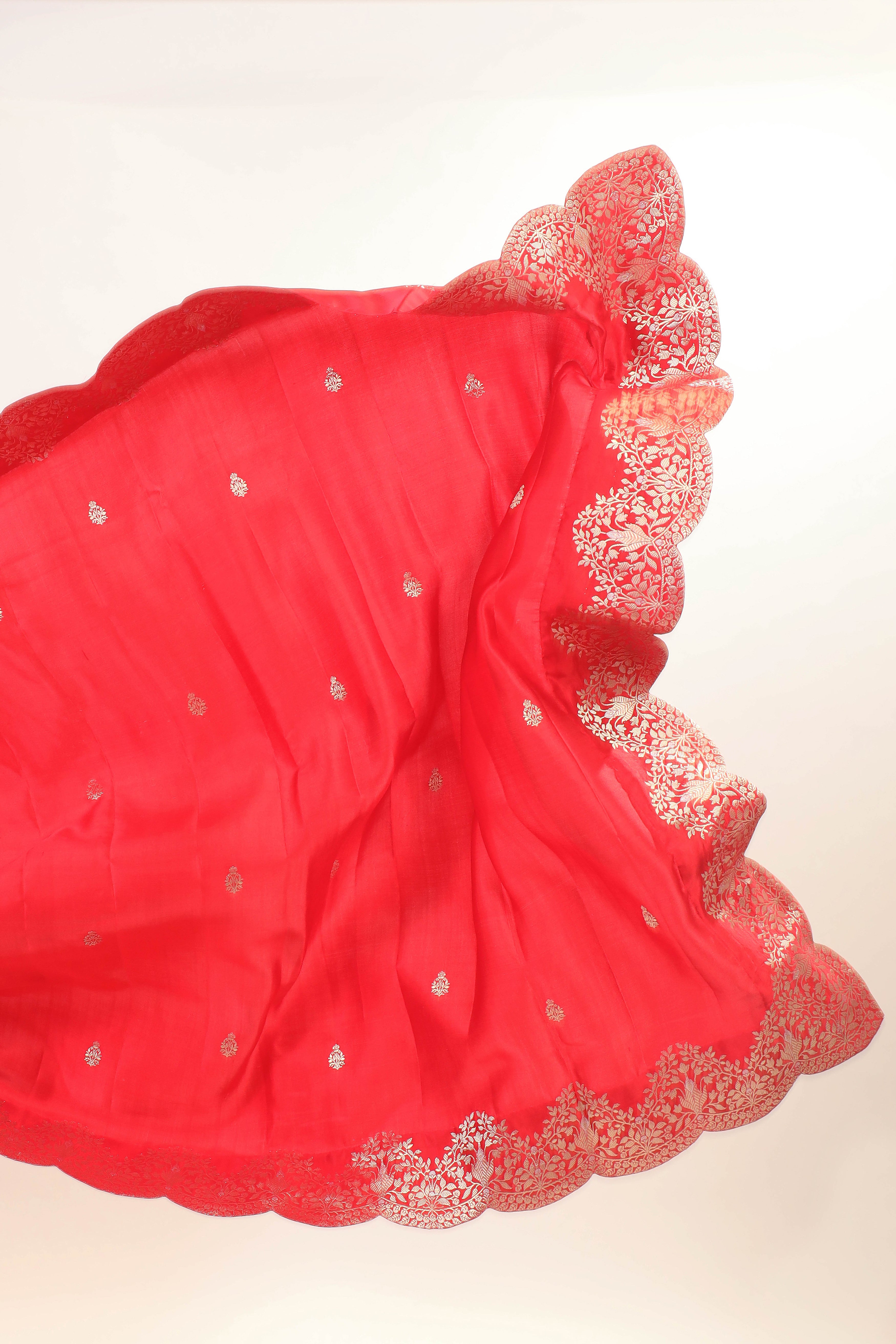 Red Banarasi Mashru Silk Saree With Floral Scalloped Border