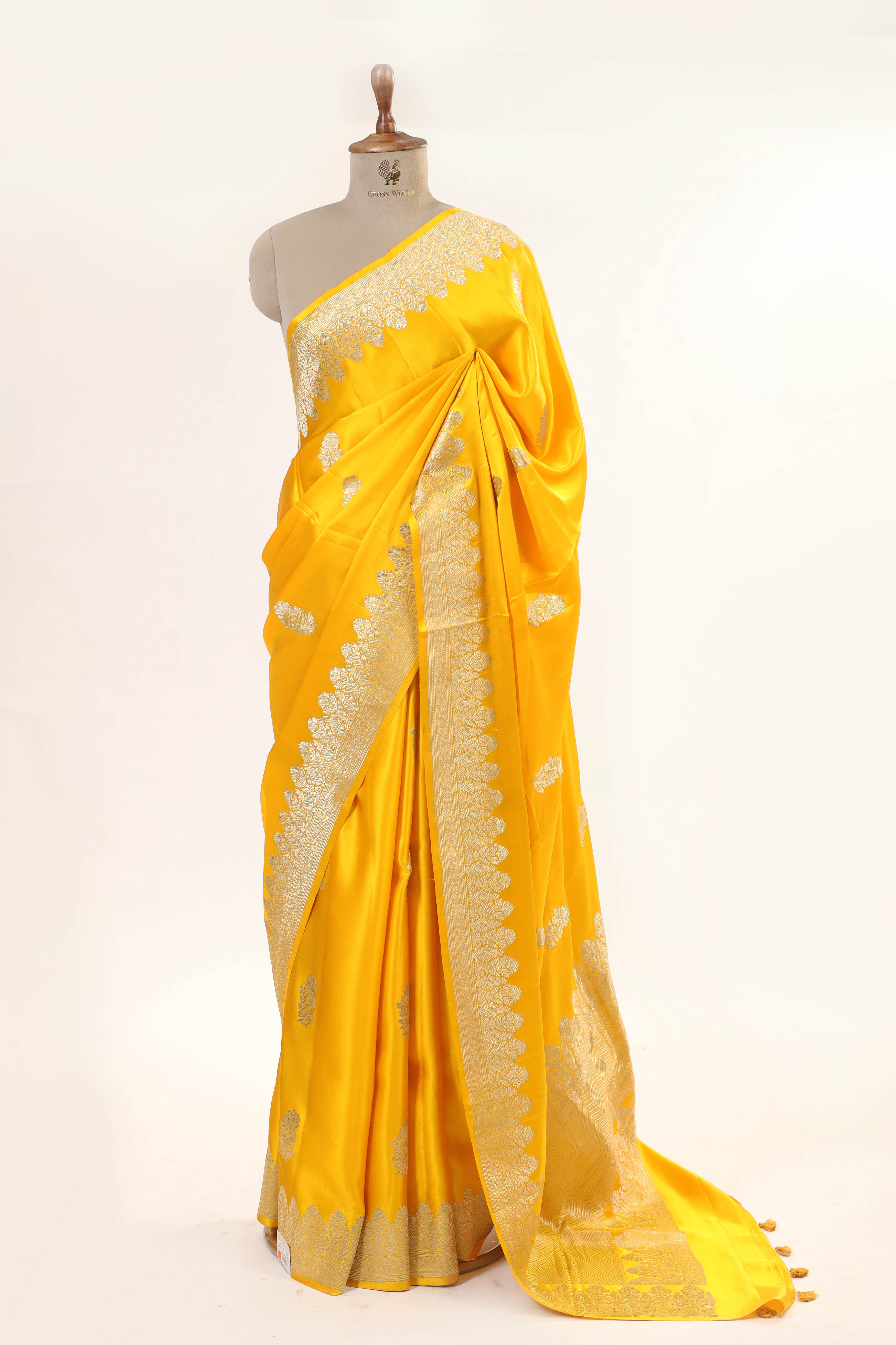 Yellow Mashru Silk Saree With Floral Motif
