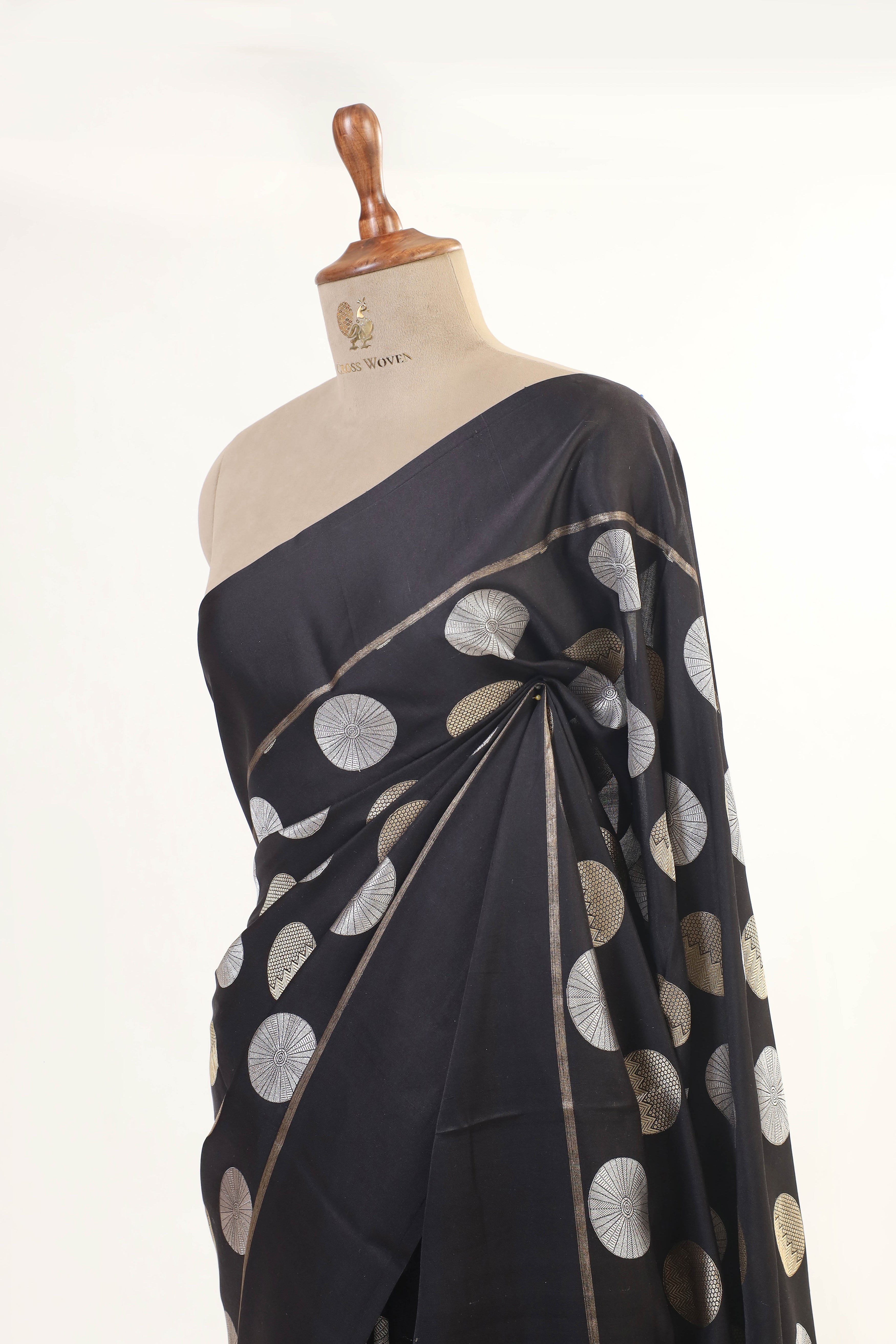 Black Mashru Silk Saree With Sona Rupa Circular Motifs