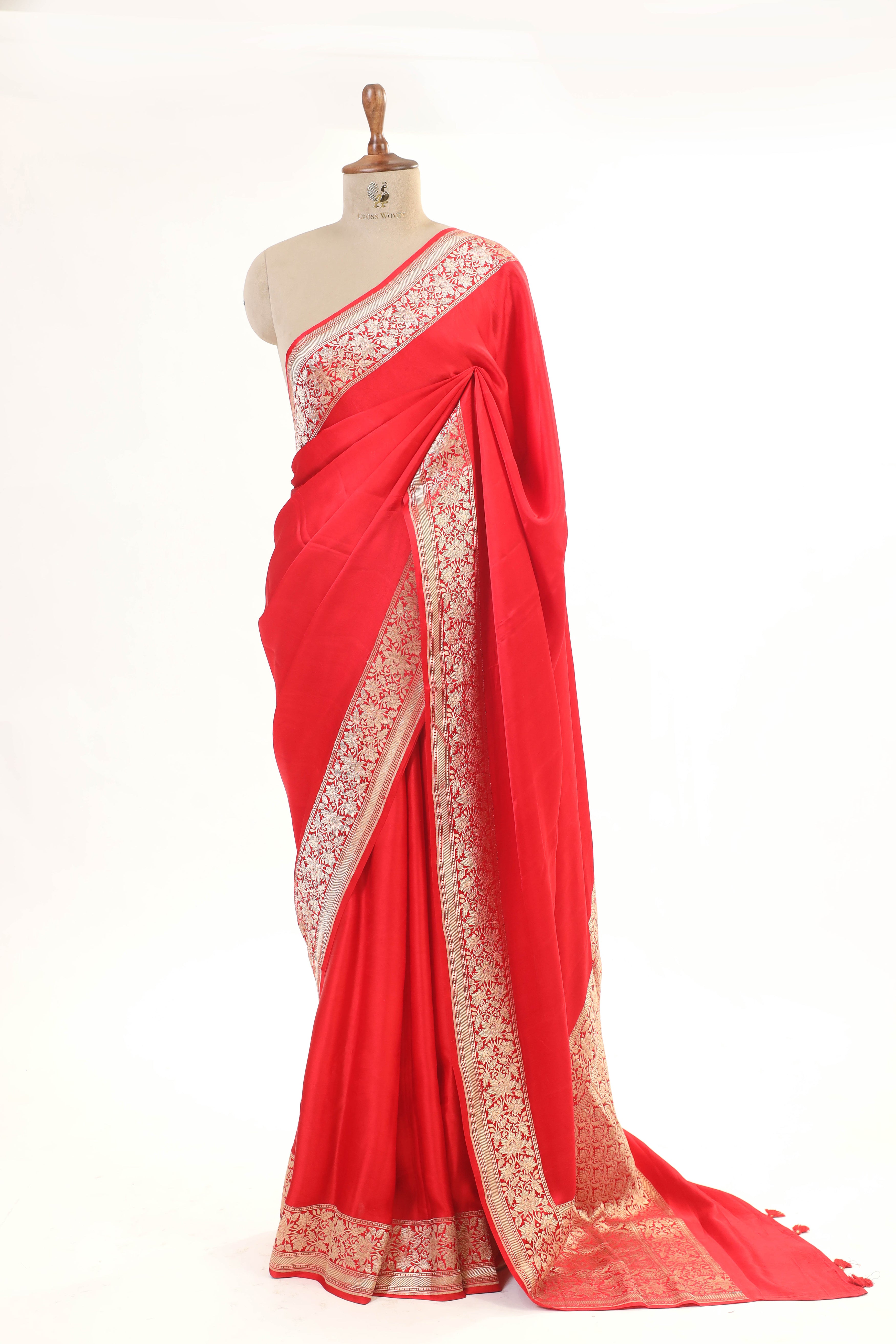 Red Mashru Silk Saree With richly woven zari border