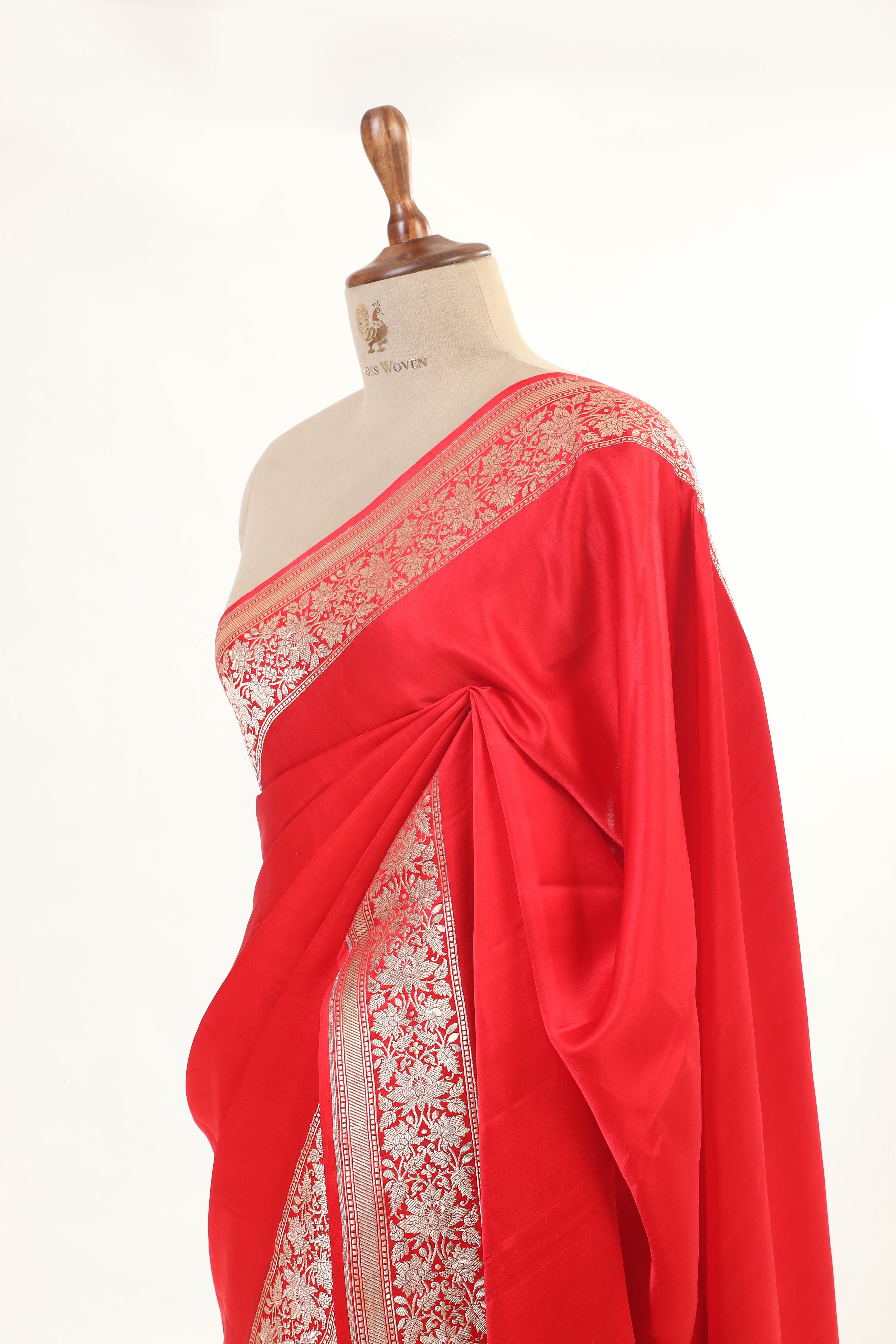 Red Mashru Silk Saree With richly woven zari border