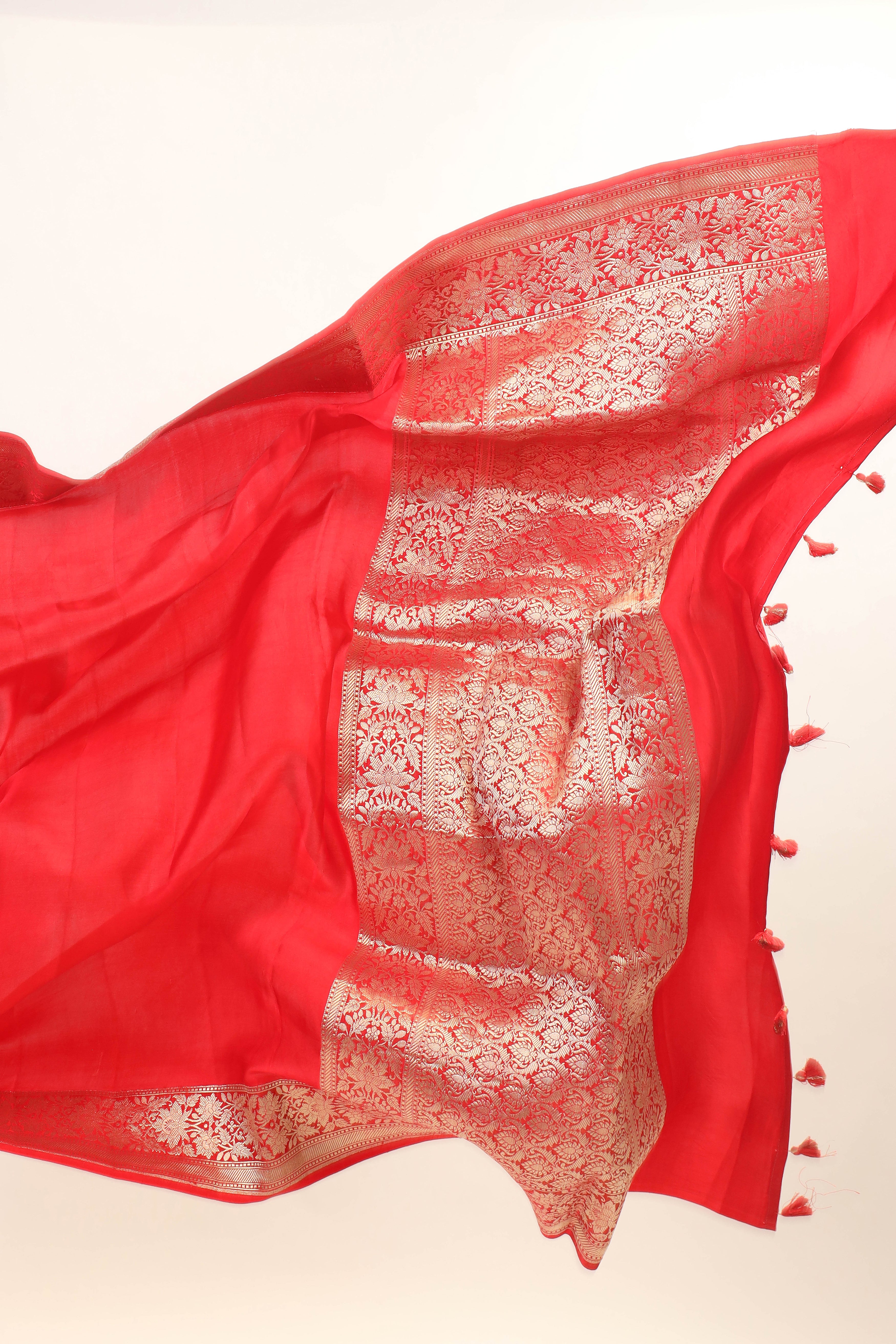 Red Mashru Silk Saree With richly woven zari border