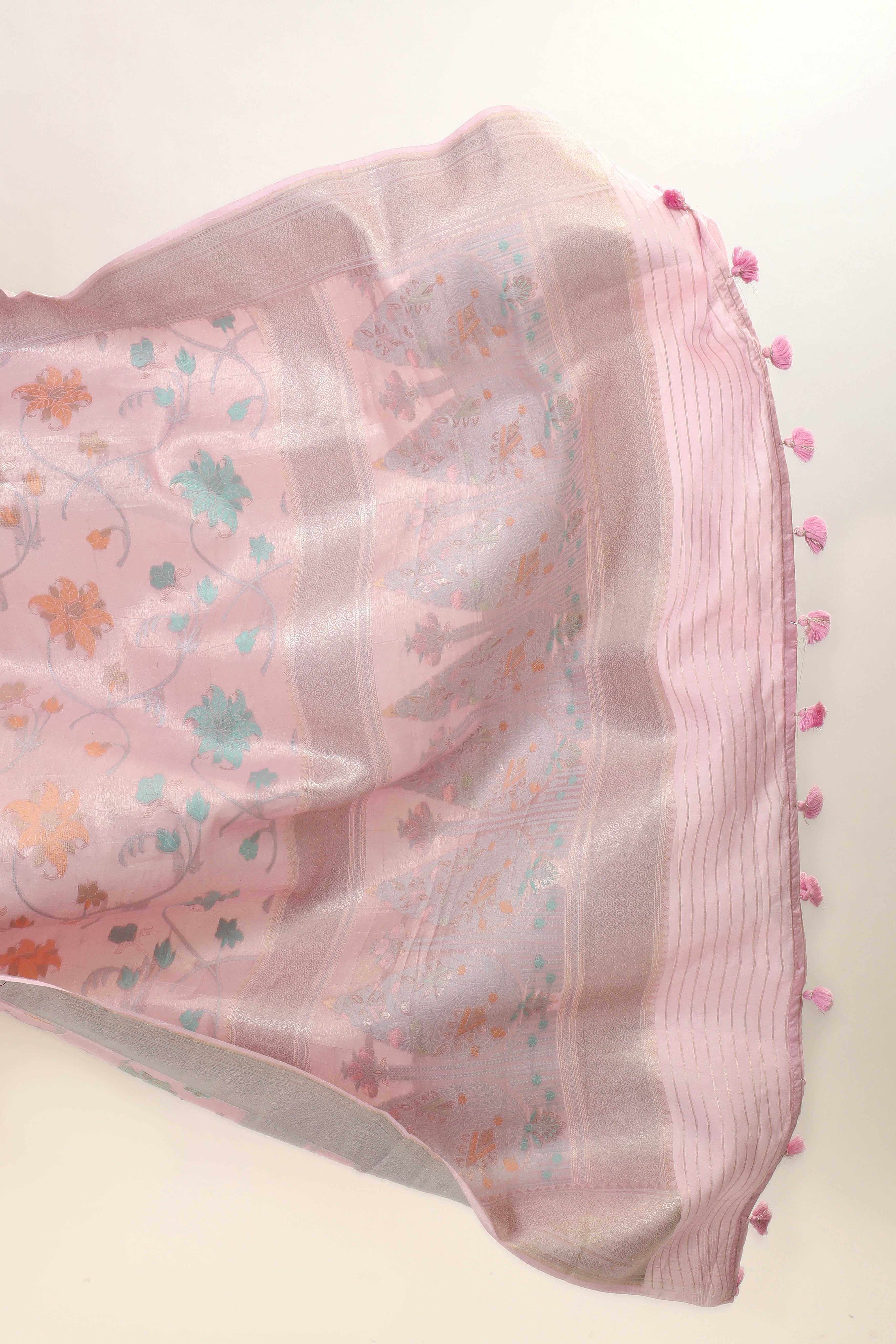 Pastel Pink  Chiniya Silk Saree With Meena Woven Floral Jaal