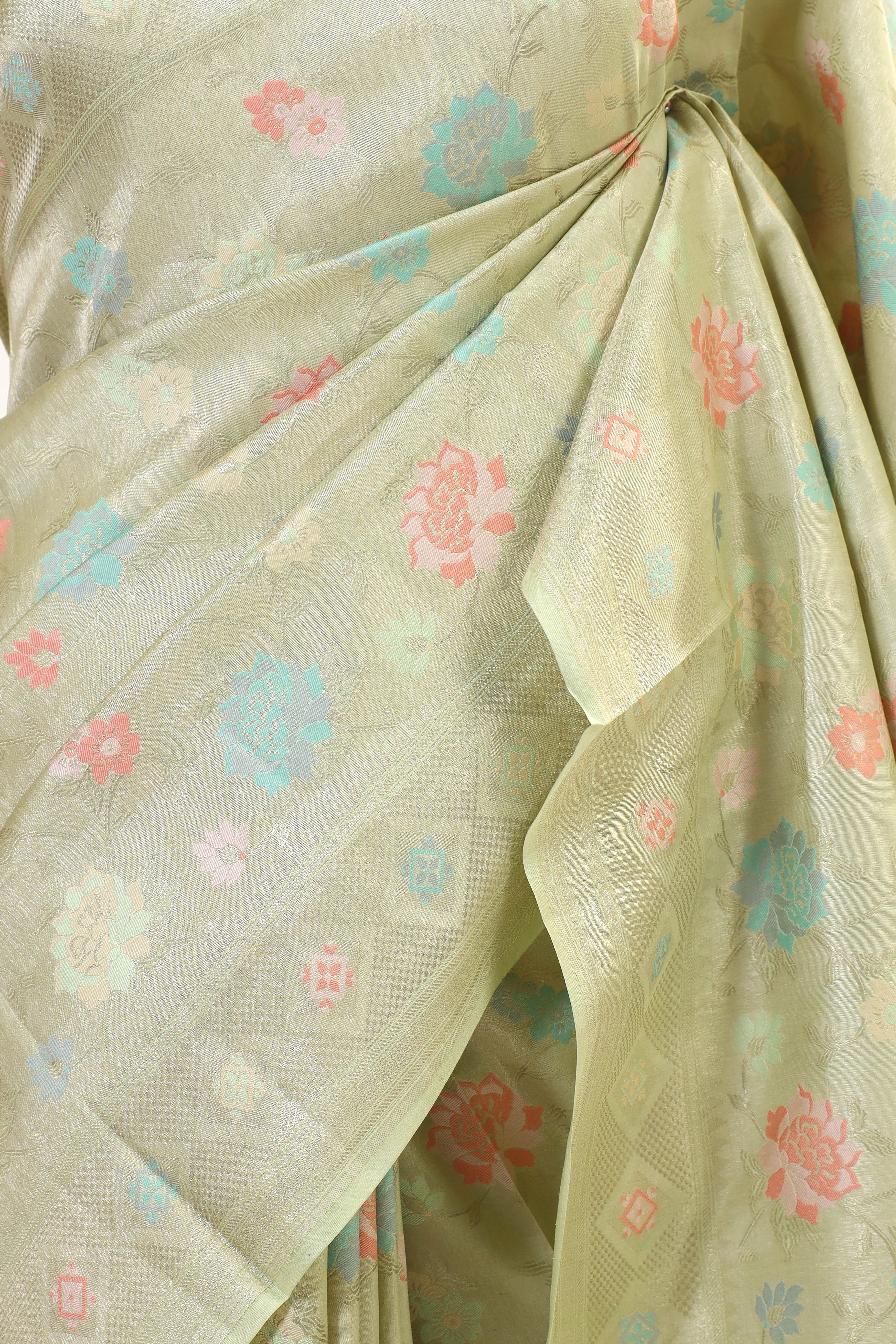 Pastel Green Chiniya Tissue Silk Saree With Meena Woven Floral Jaal