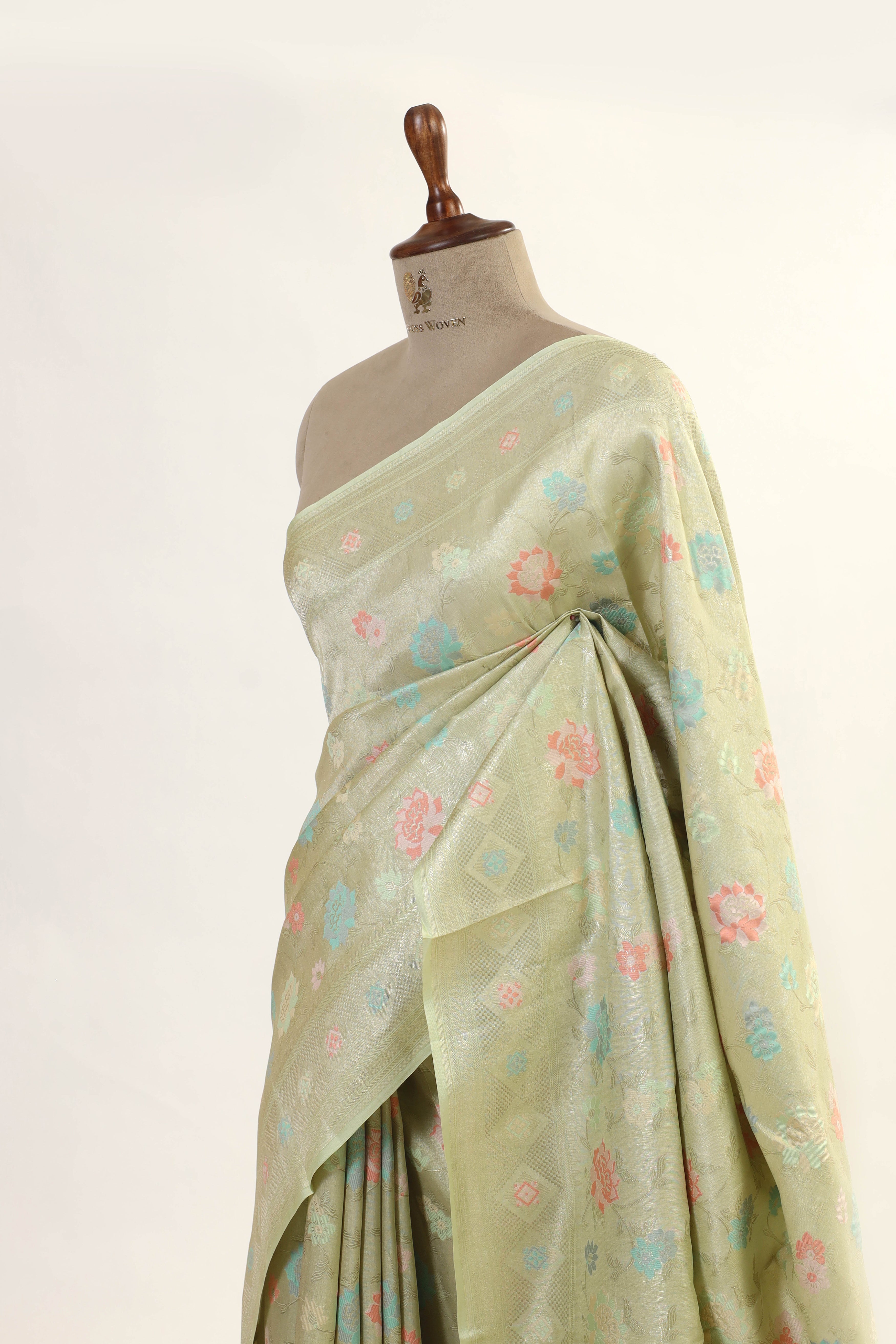 Pastel Green Chiniya Tissue Silk Saree With Meena Woven Floral Jaal