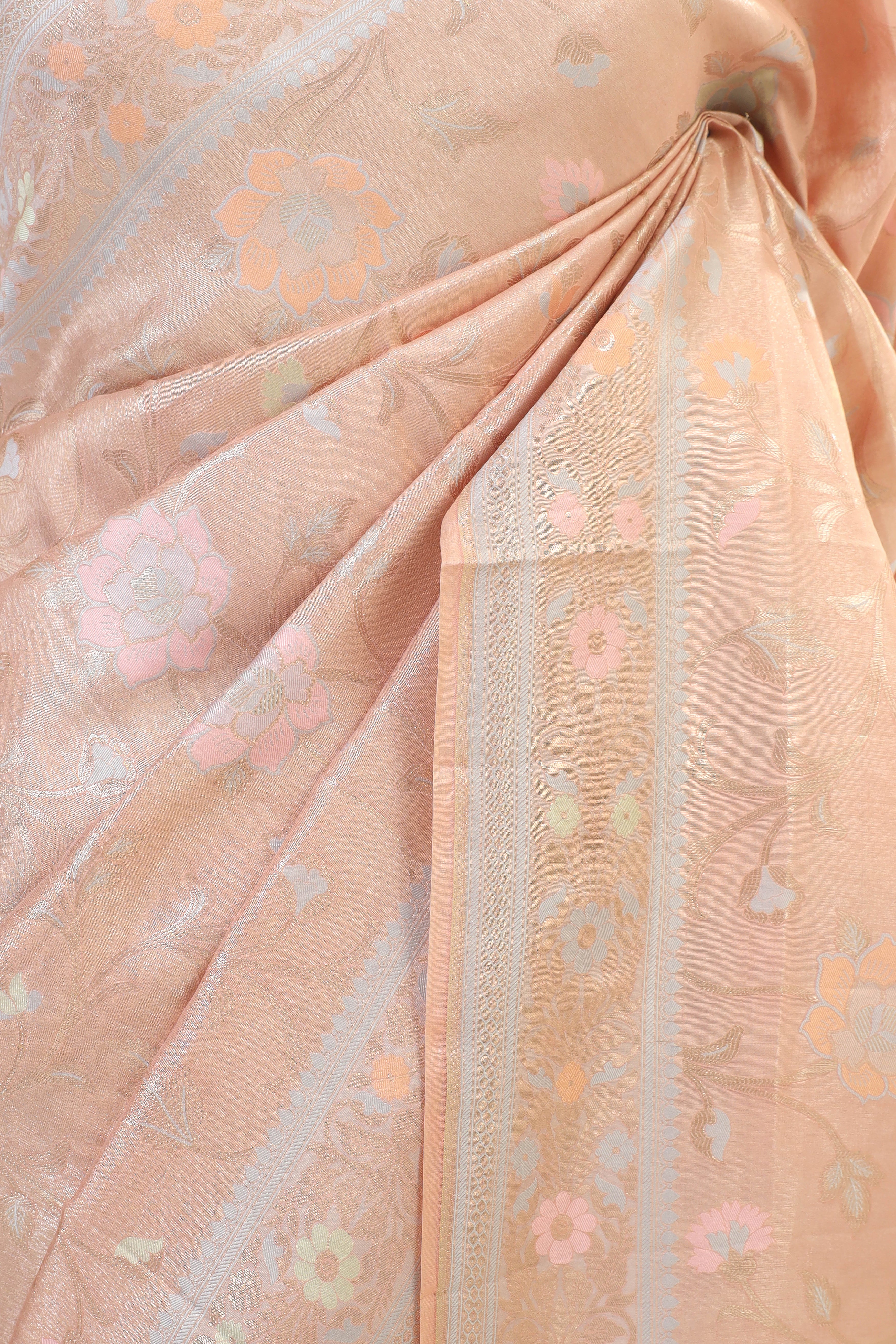 Peach Pink  Chiniya Tissue Silk Saree With Meena Woven Floral Jaal