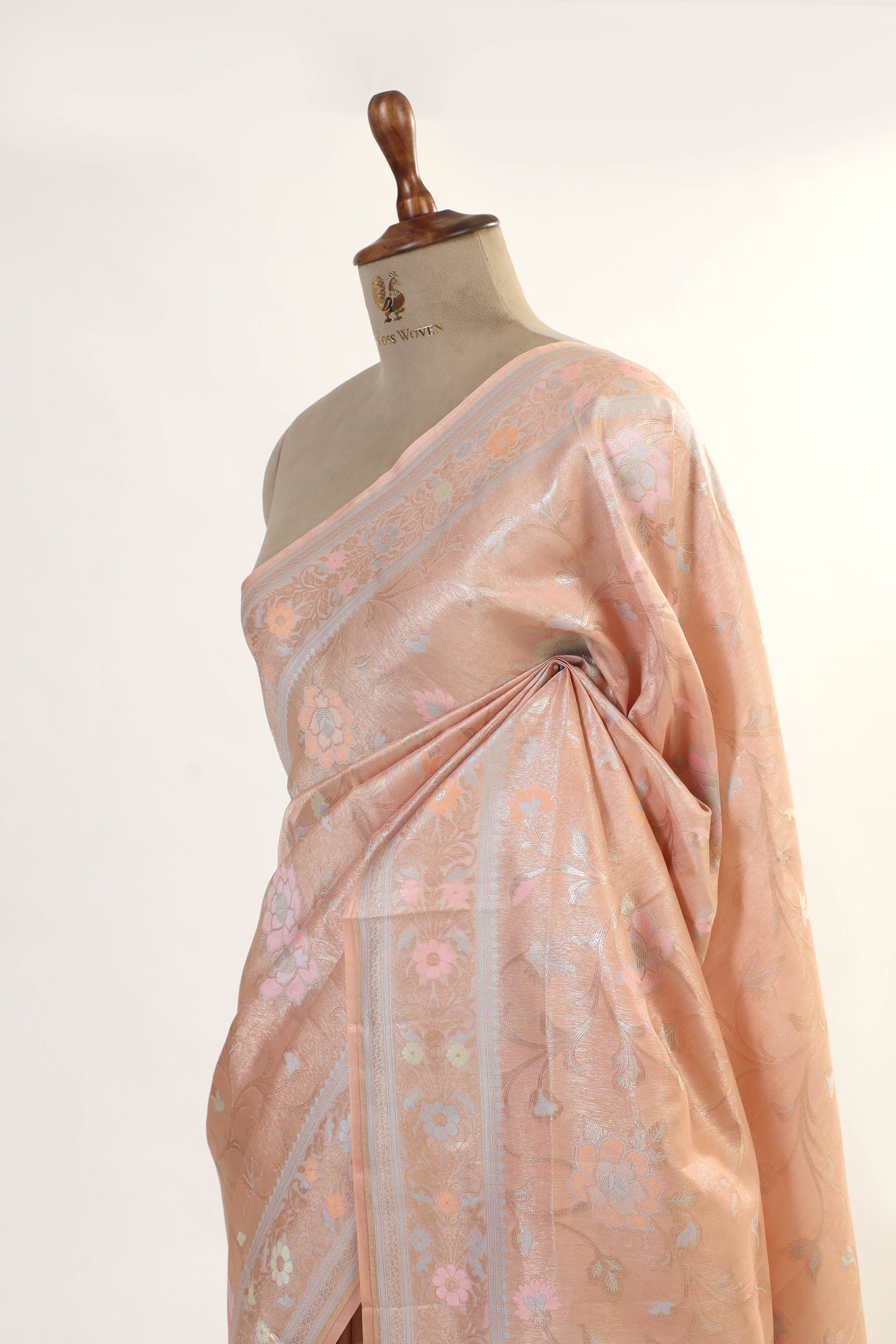 Peach Pink  Chiniya Tissue Silk Saree With Meena Woven Floral Jaal
