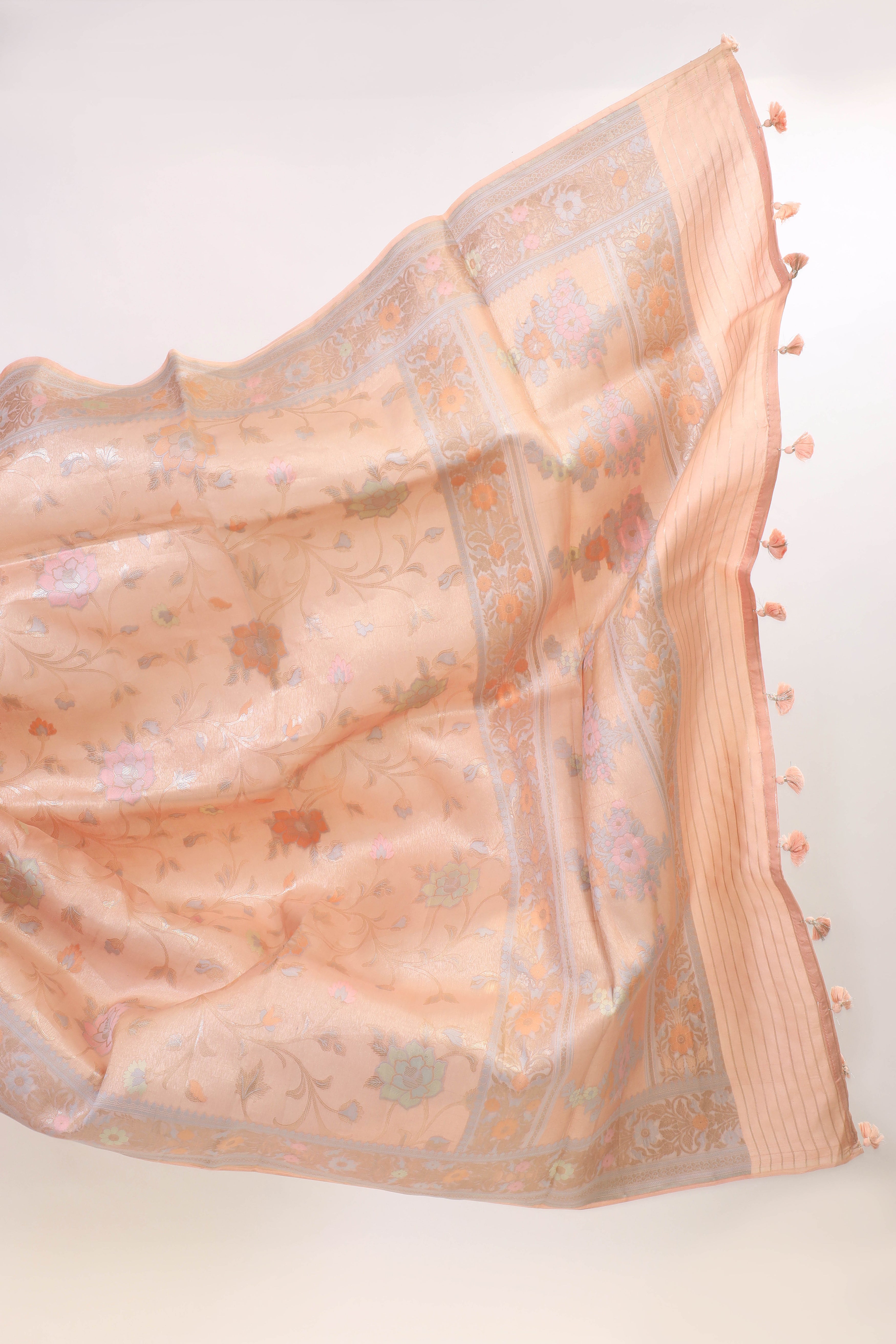 Peach Pink  Chiniya Tissue Silk Saree With Meena Woven Floral Jaal