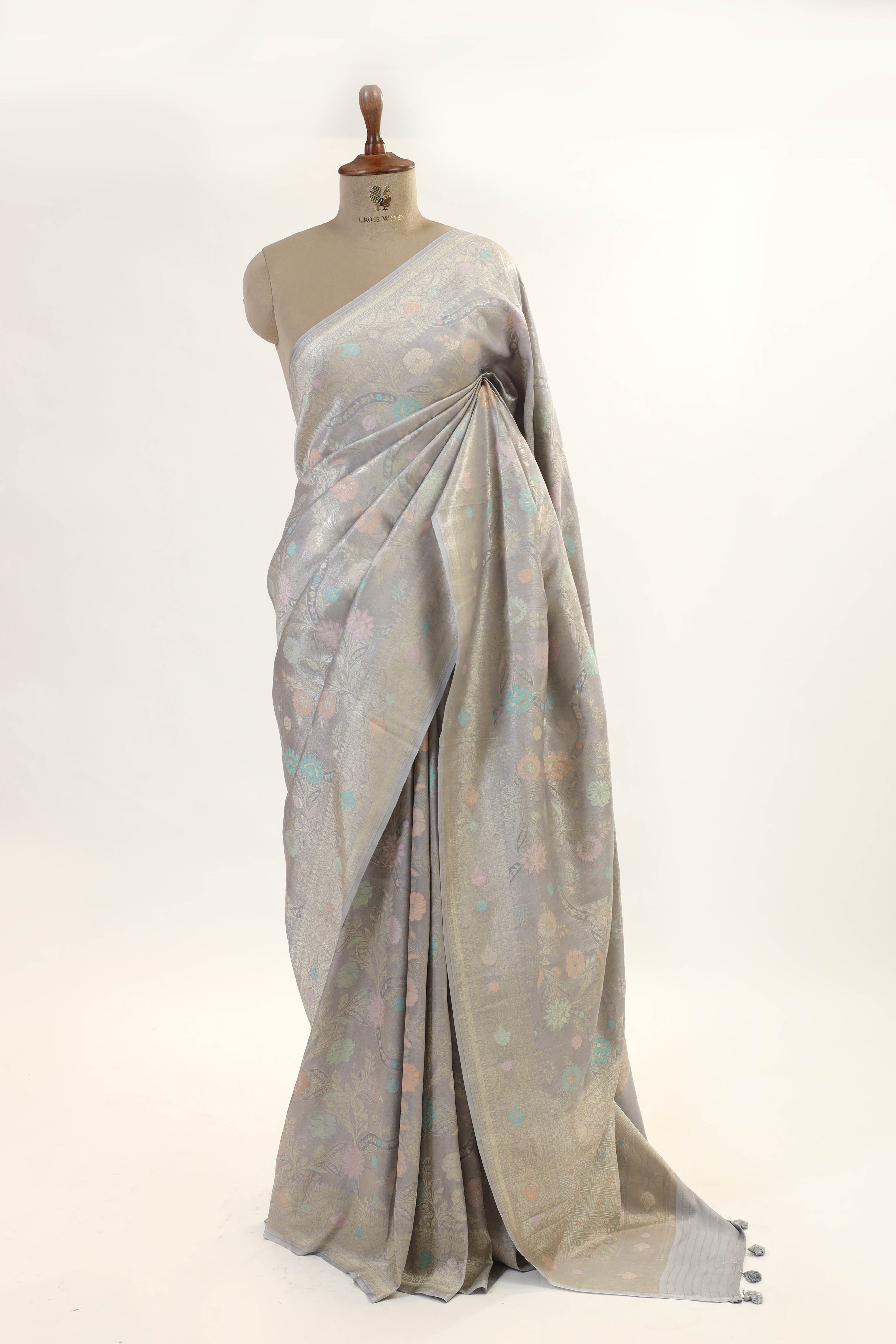 Cloud Gray Chiniya Tissue Silk Saree With Meena Woven Floral Jaal