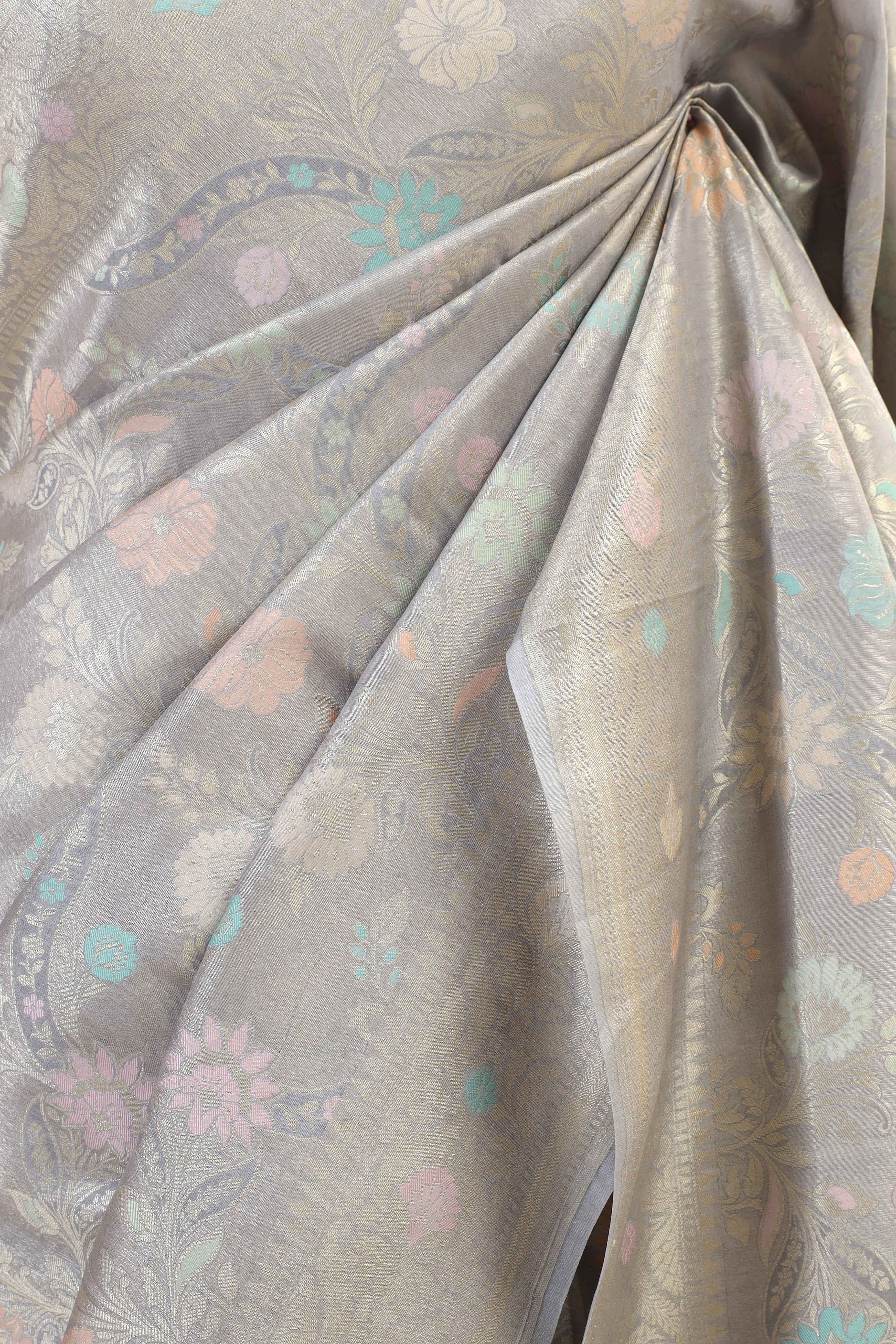 Cloud Gray Chiniya Tissue Silk Saree With Meena Woven Floral Jaal