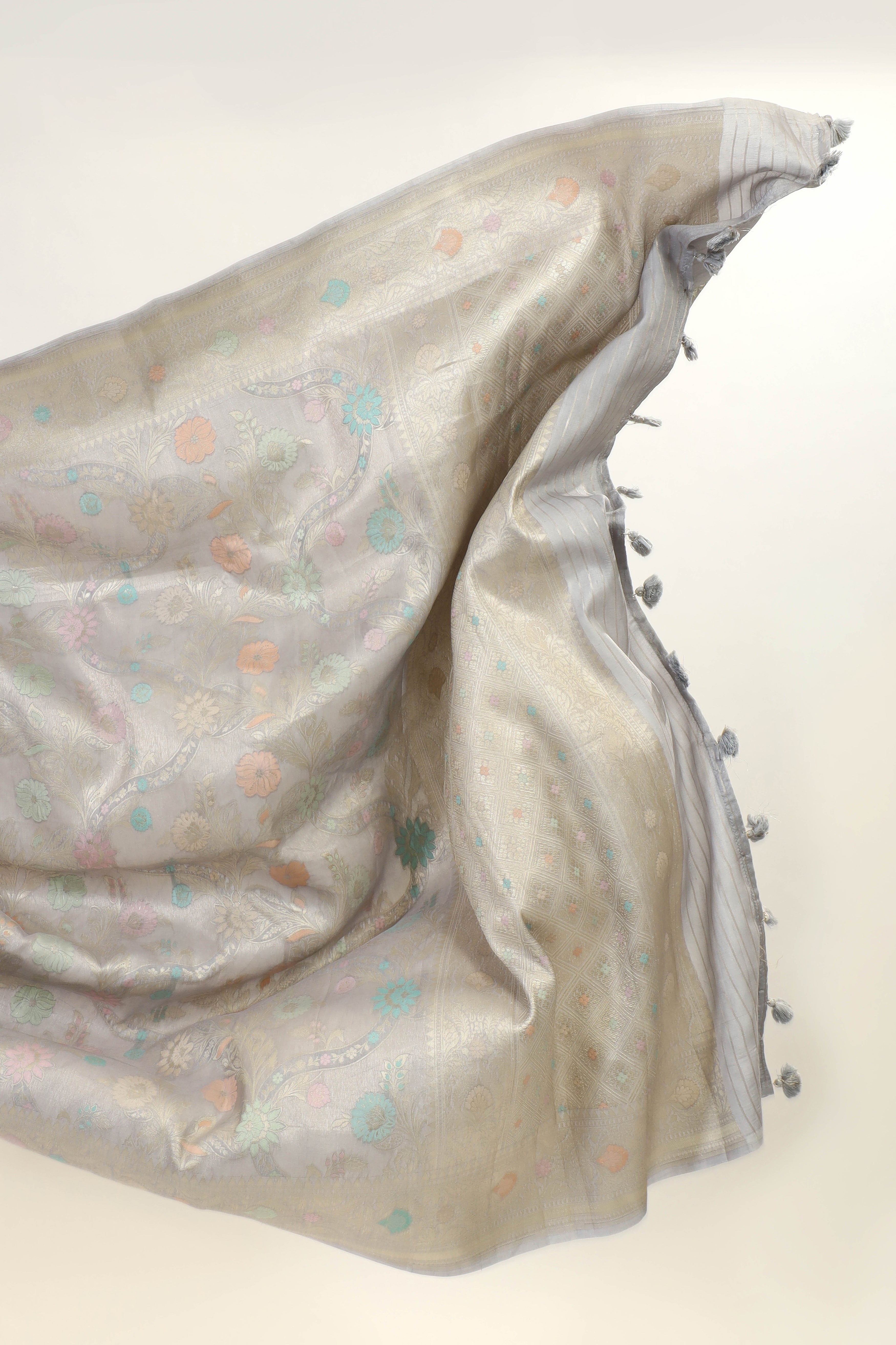 Cloud Gray Chiniya Tissue Silk Saree With Meena Woven Floral Jaal