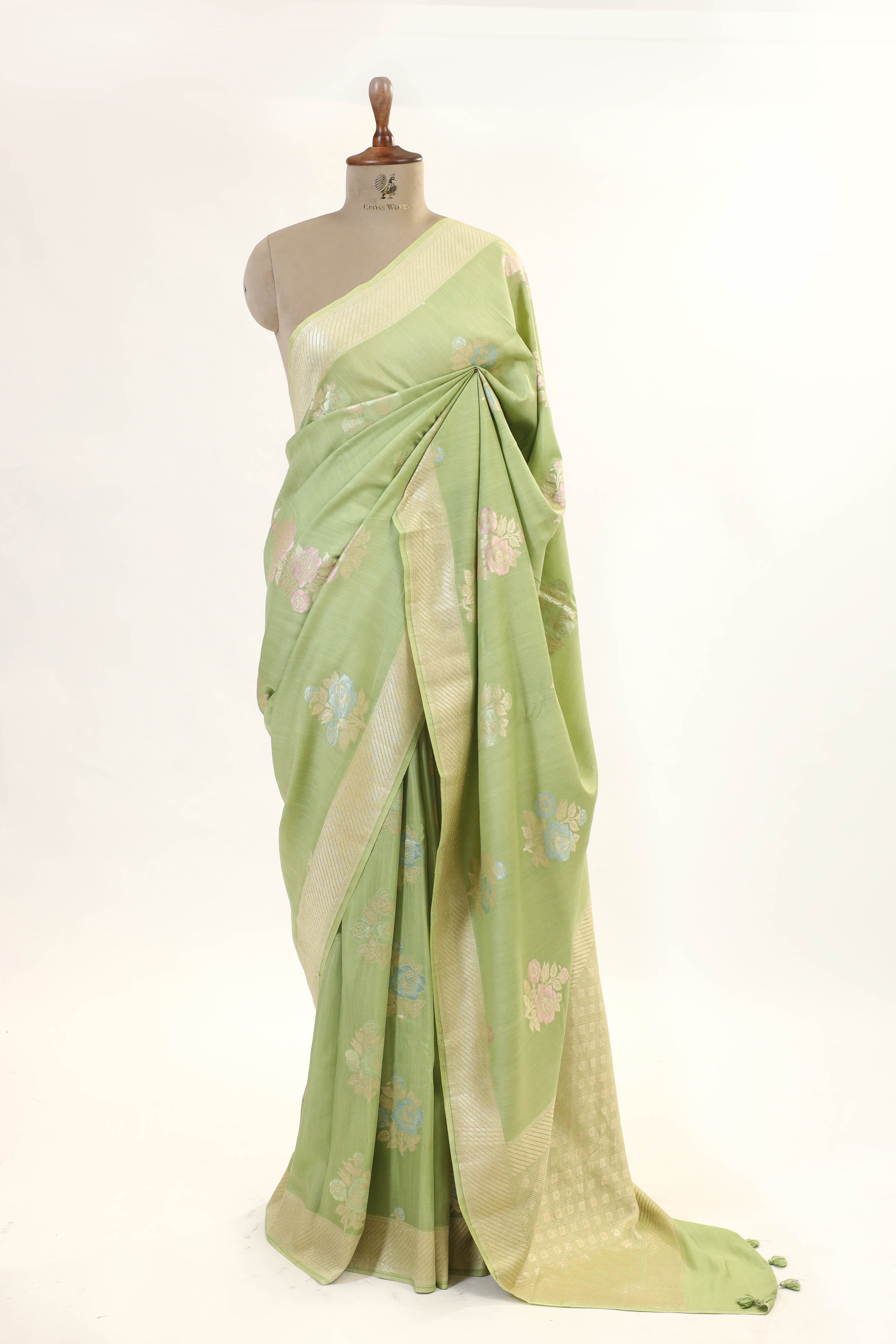 Pista Green Moonga Silk Saree With Meenakari Floral Motifs