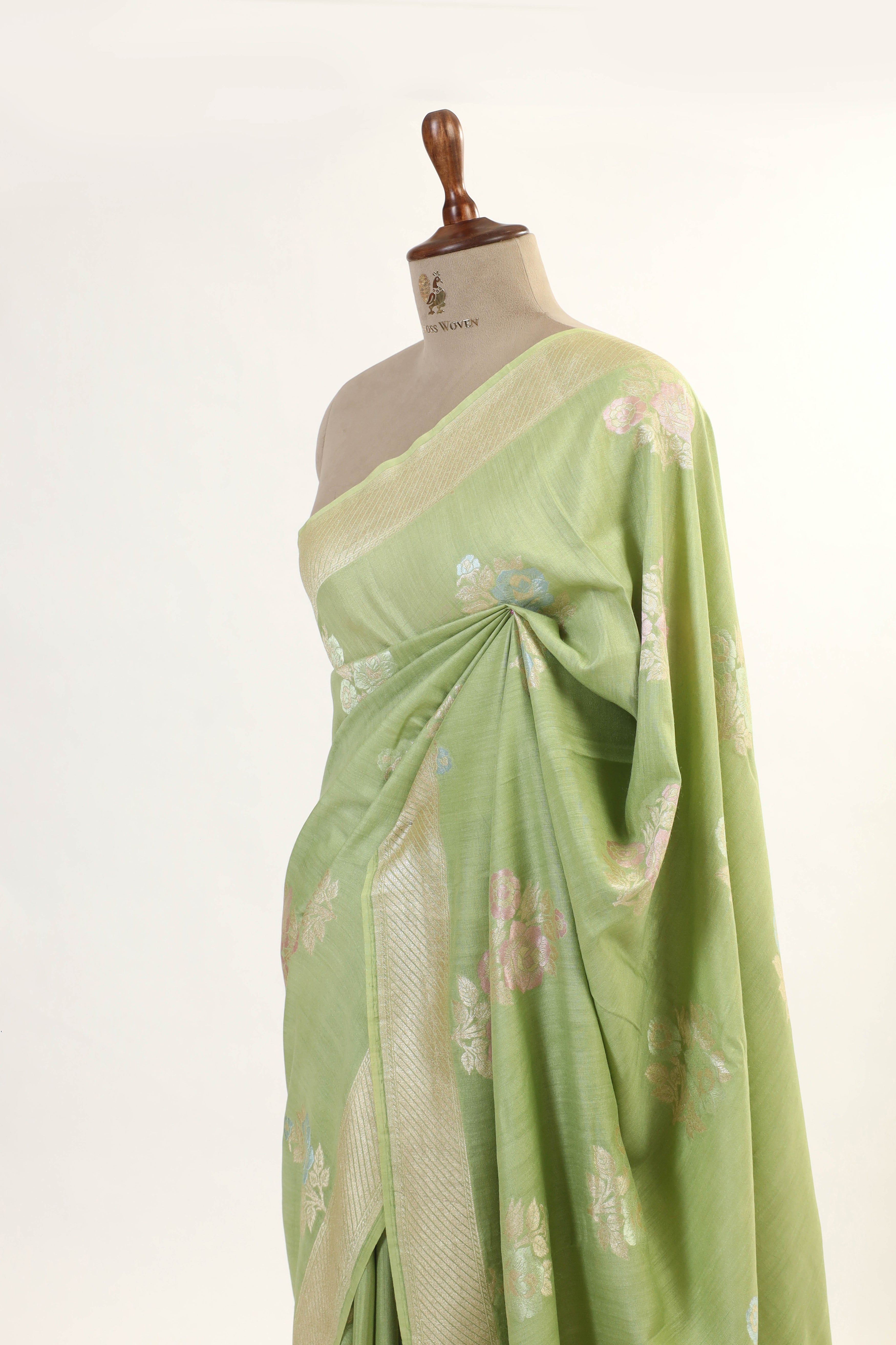 Pista Green Moonga Silk Saree With Meenakari Floral Motifs