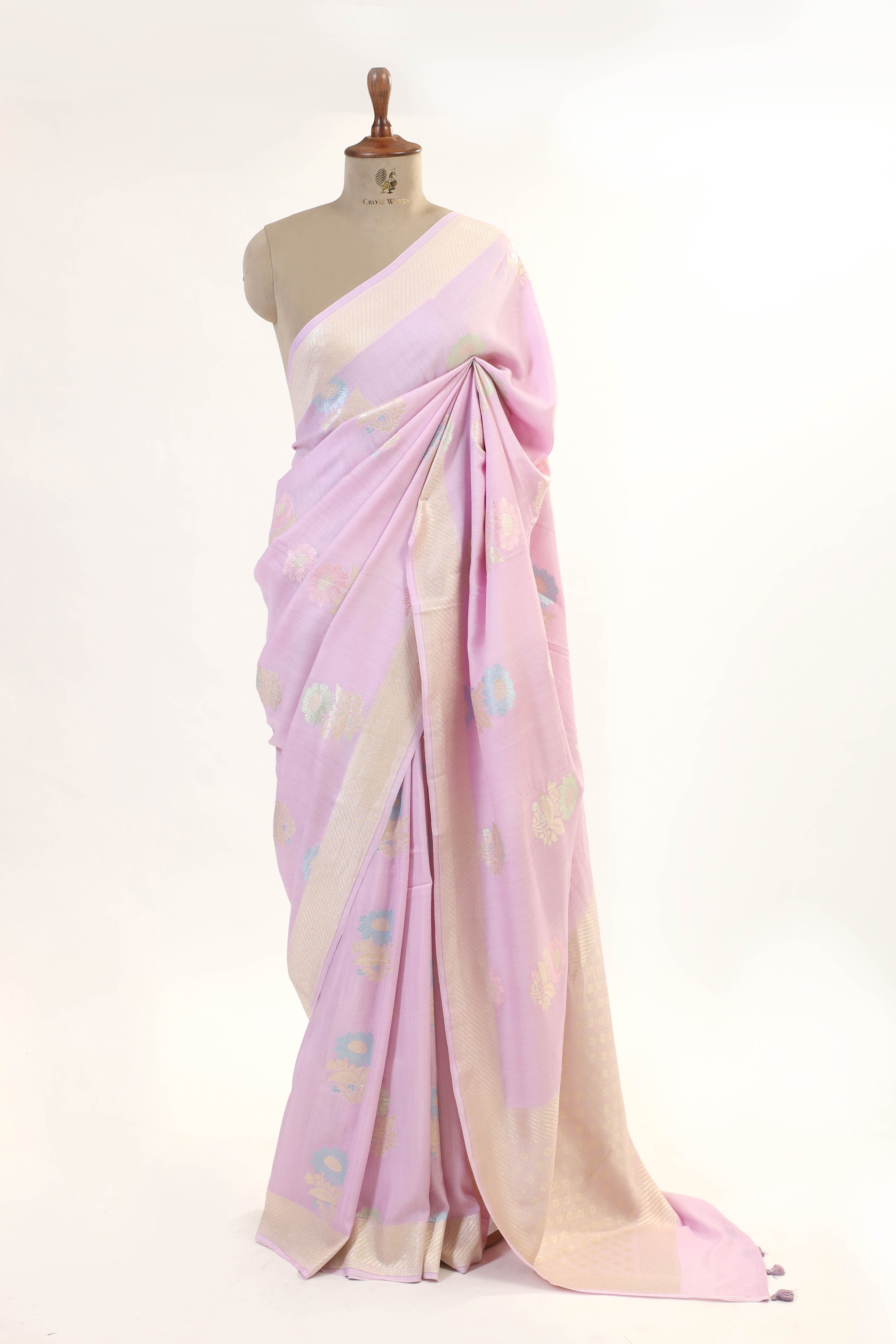 Light Pink Moonga Silk Saree With Meenakari Floral Motifs