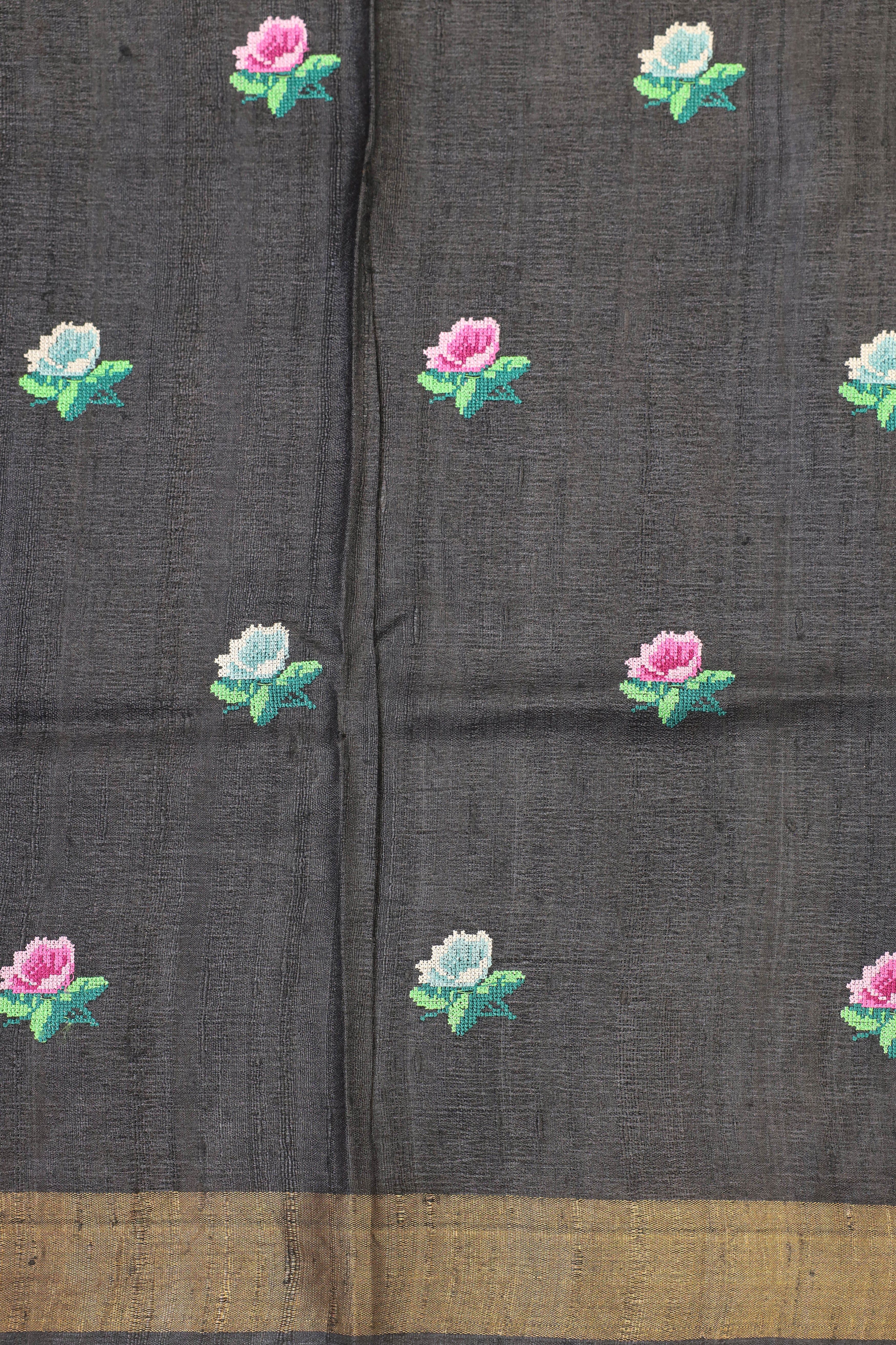 Black Tusser Silk Saree With Intricate Multicolor Bird Embroidery