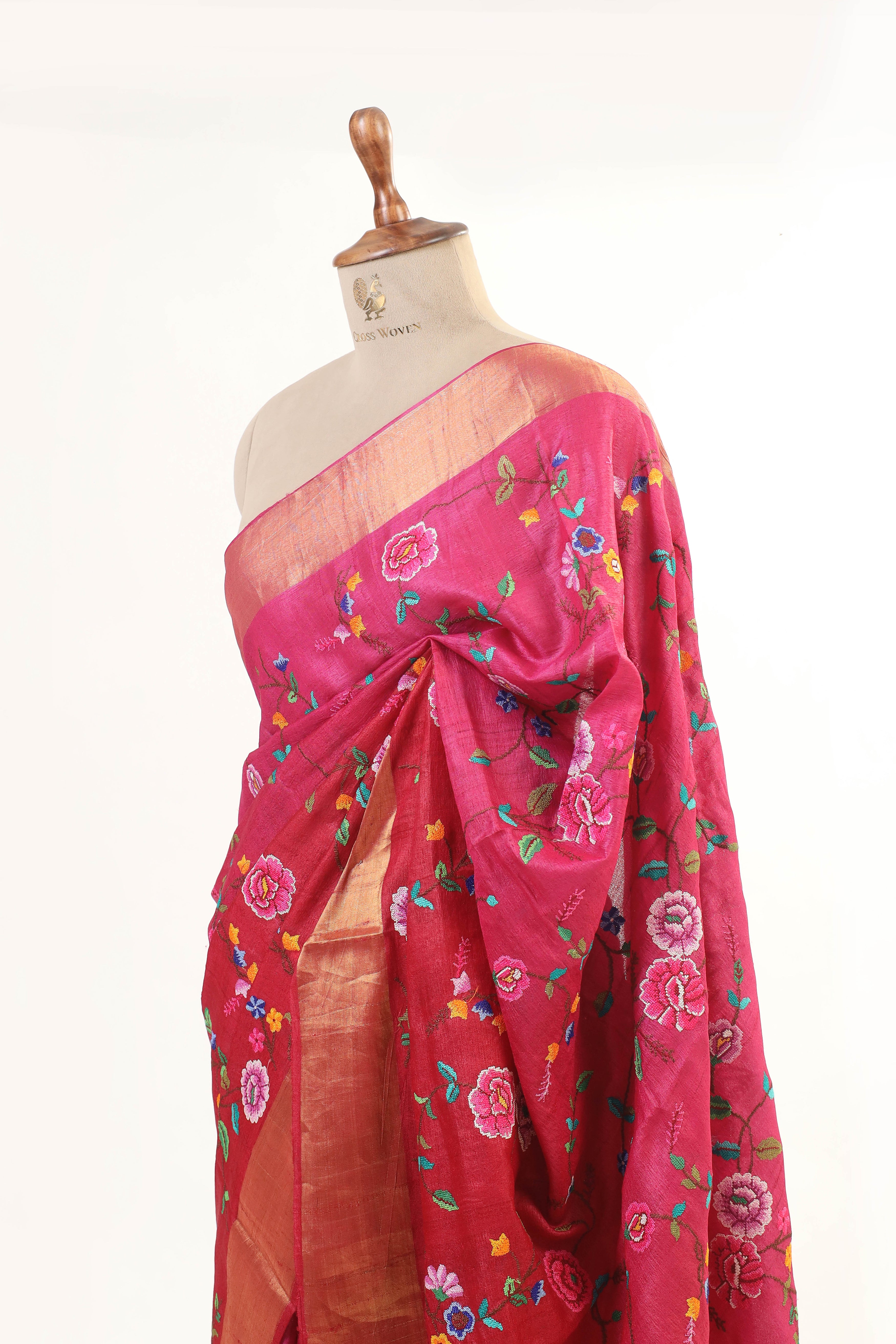 Pink Tussar Silk Saree with Floral Embroidery and Elegant Golden Border