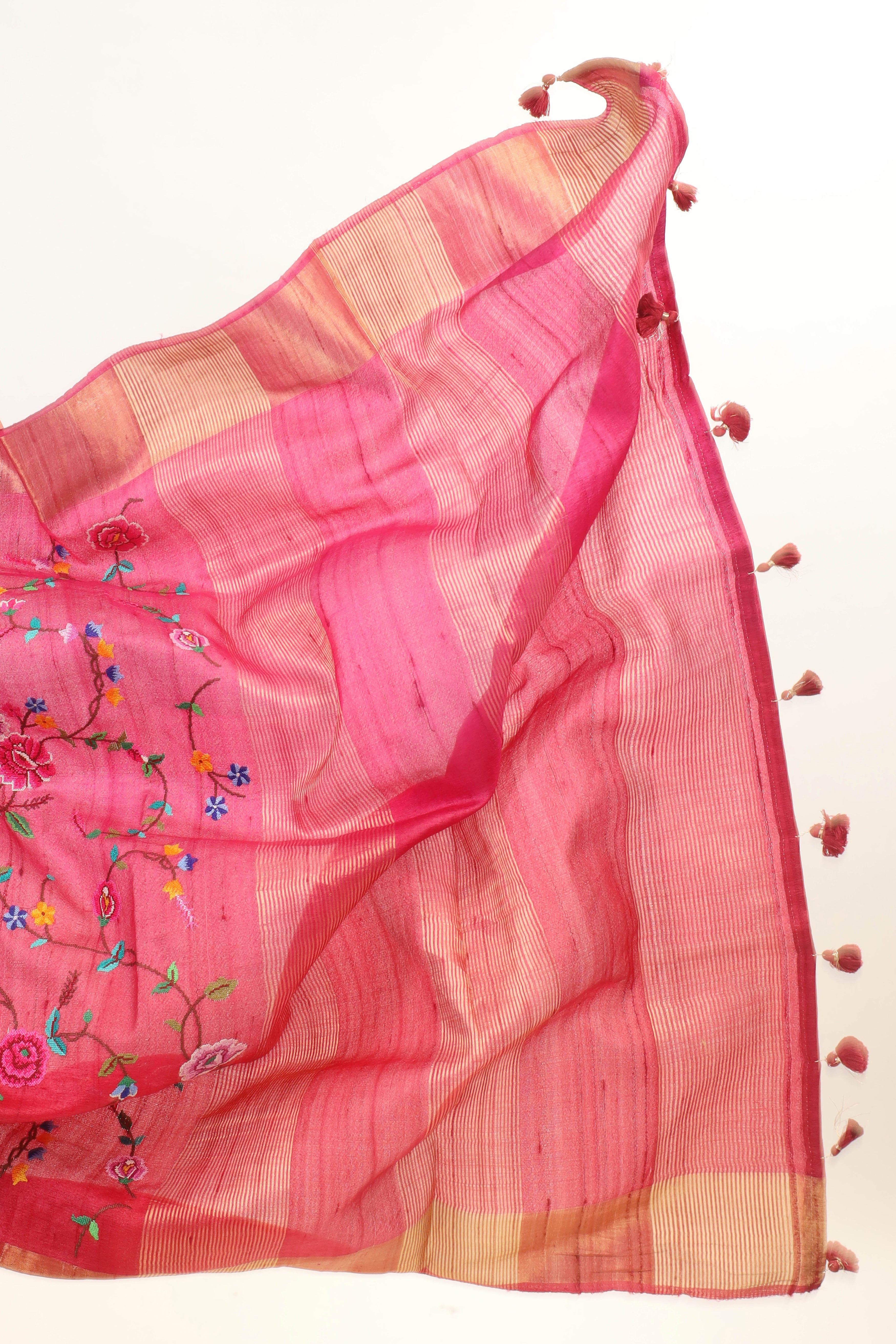 Pink Tussar Silk Saree with Floral Embroidery and Elegant Golden Border