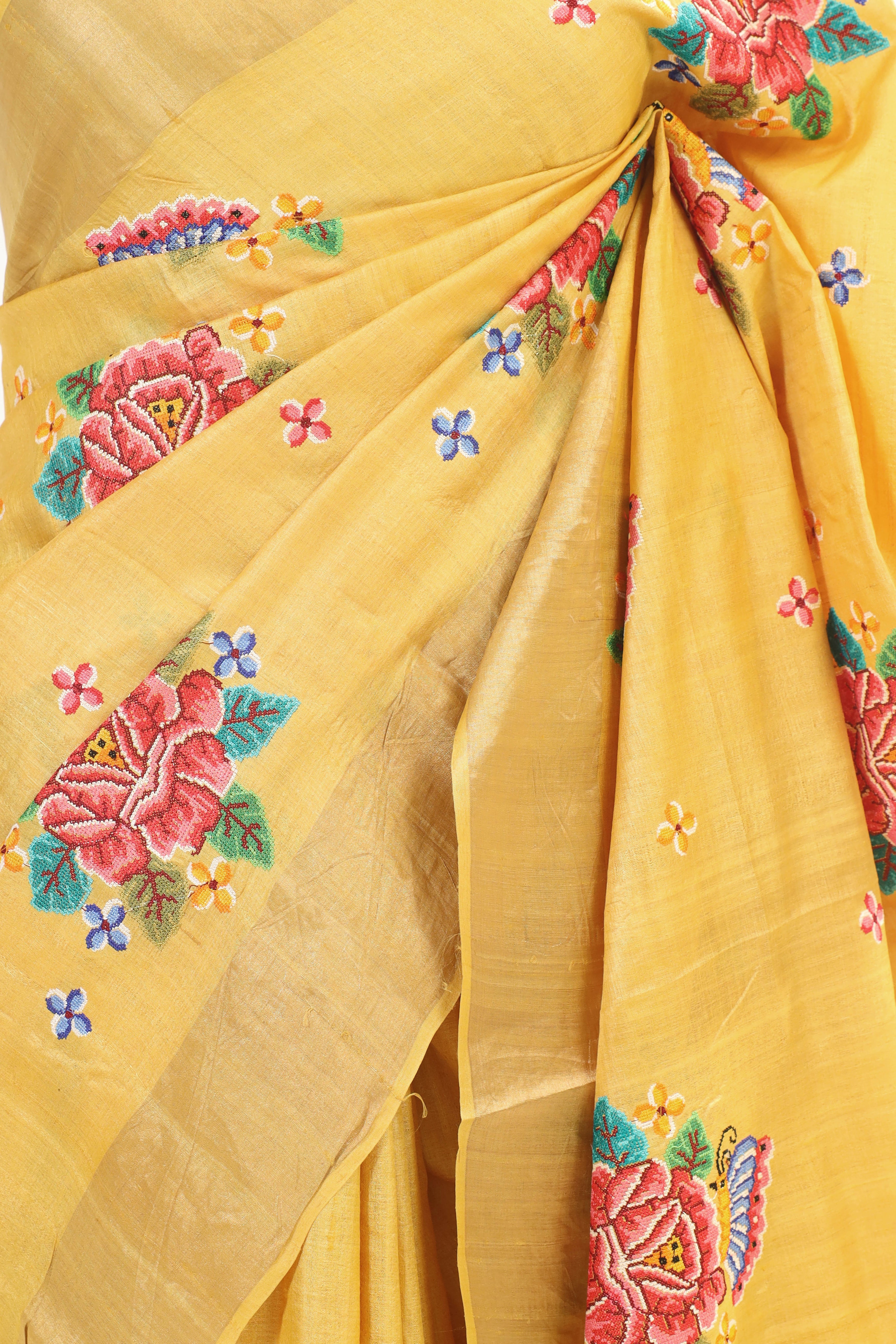 Yellow Tussar Silk Saree with Intricate Floral Embroidery and Subtle Golden Border