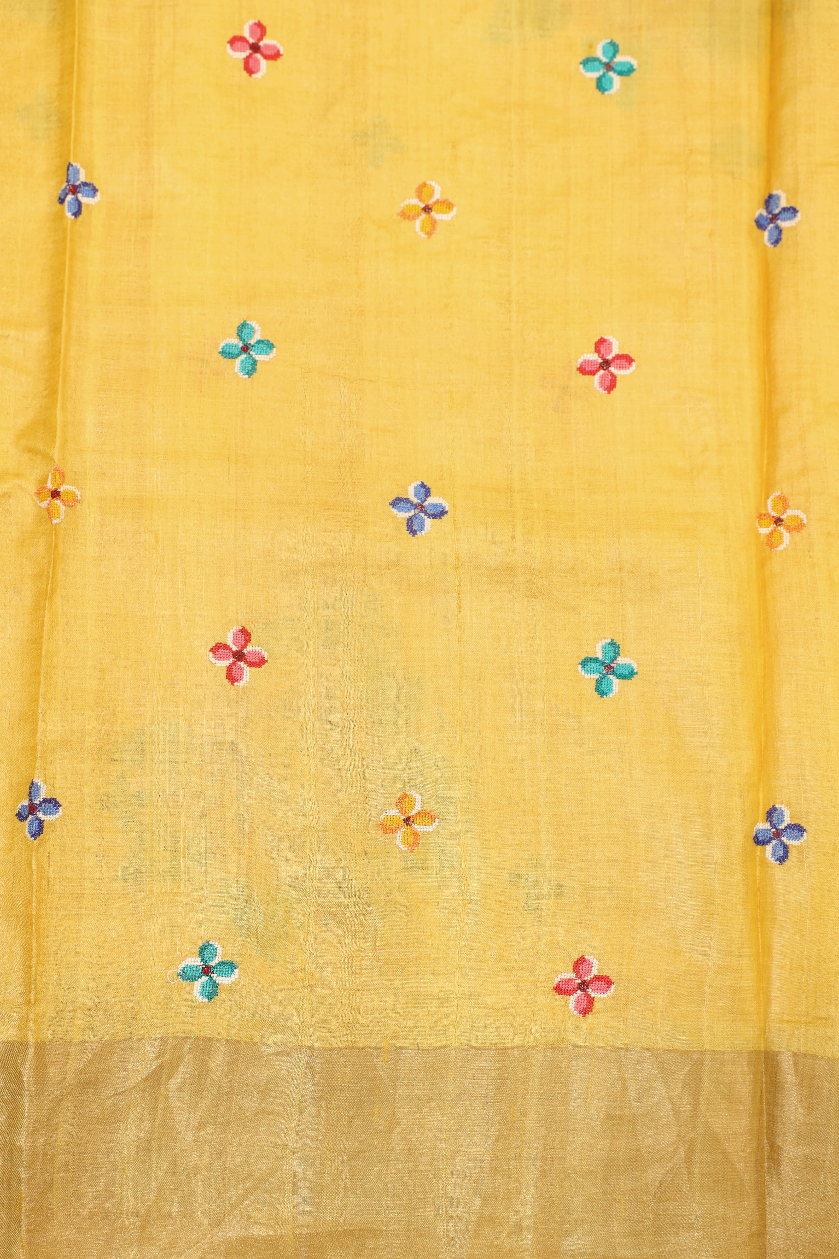 Yellow Tussar Silk Saree with Intricate Floral Embroidery and Subtle Golden Border