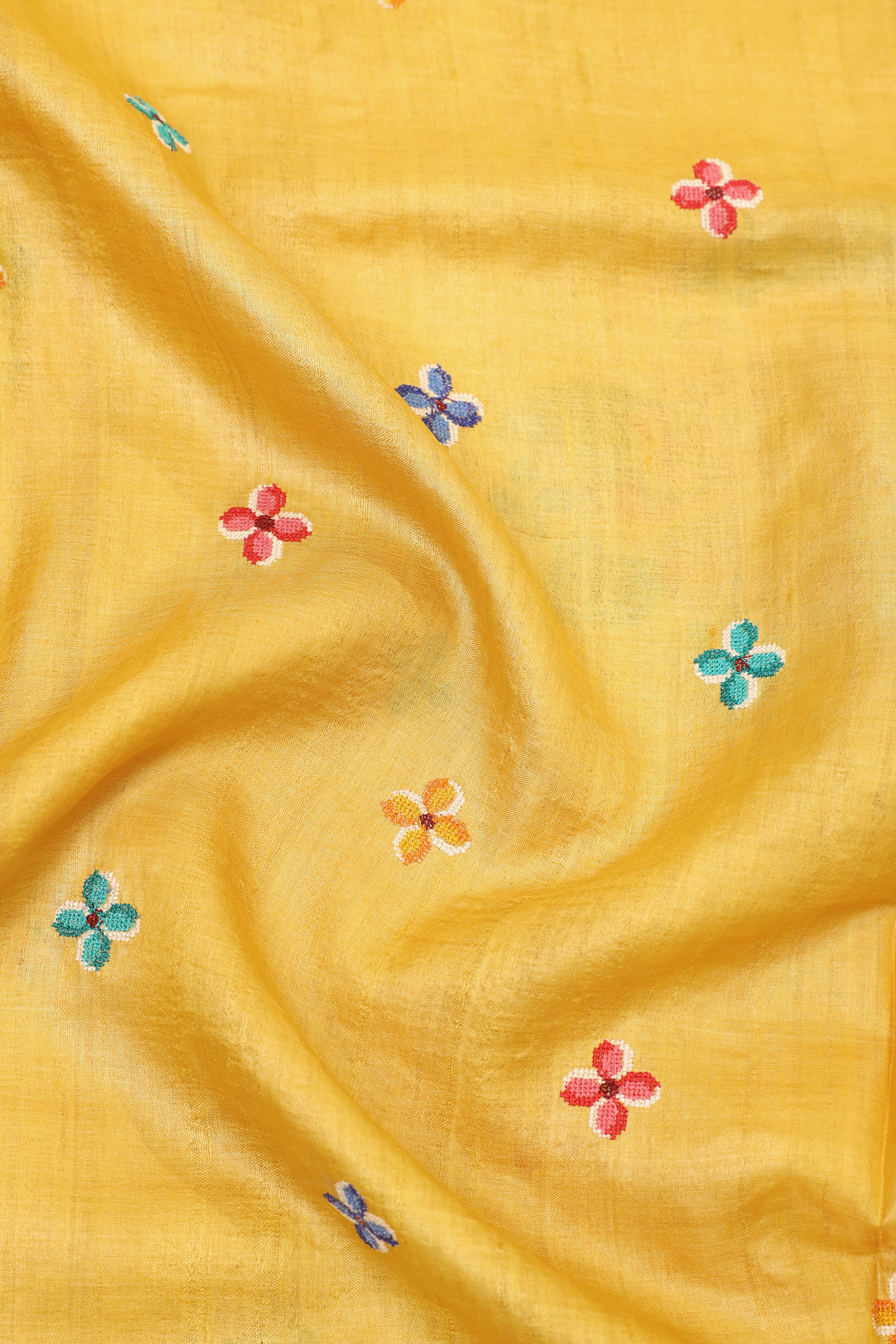 Yellow Tussar Silk Saree with Intricate Floral Embroidery and Subtle Golden Border